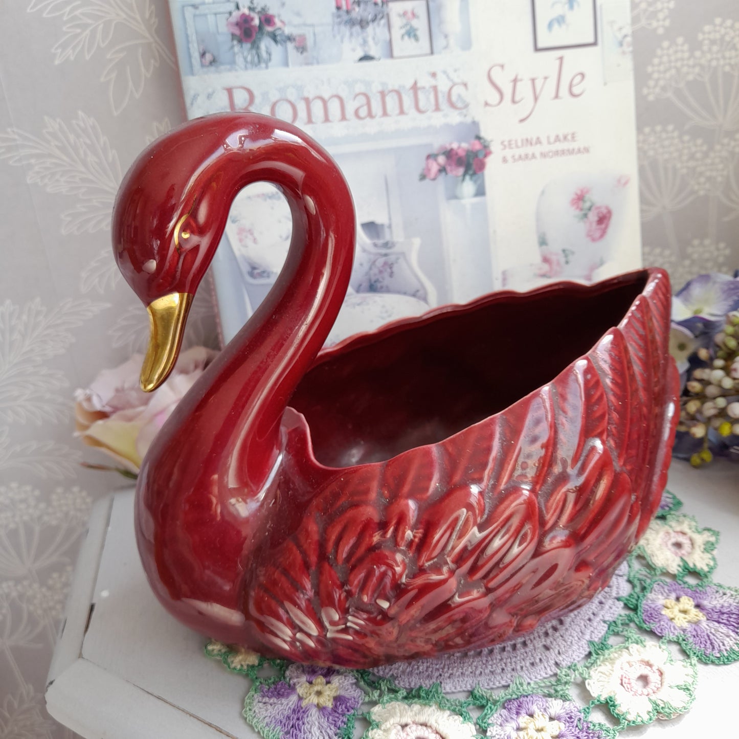 Darling Vintage Deep Red Swan Planter Plant Pot Vase