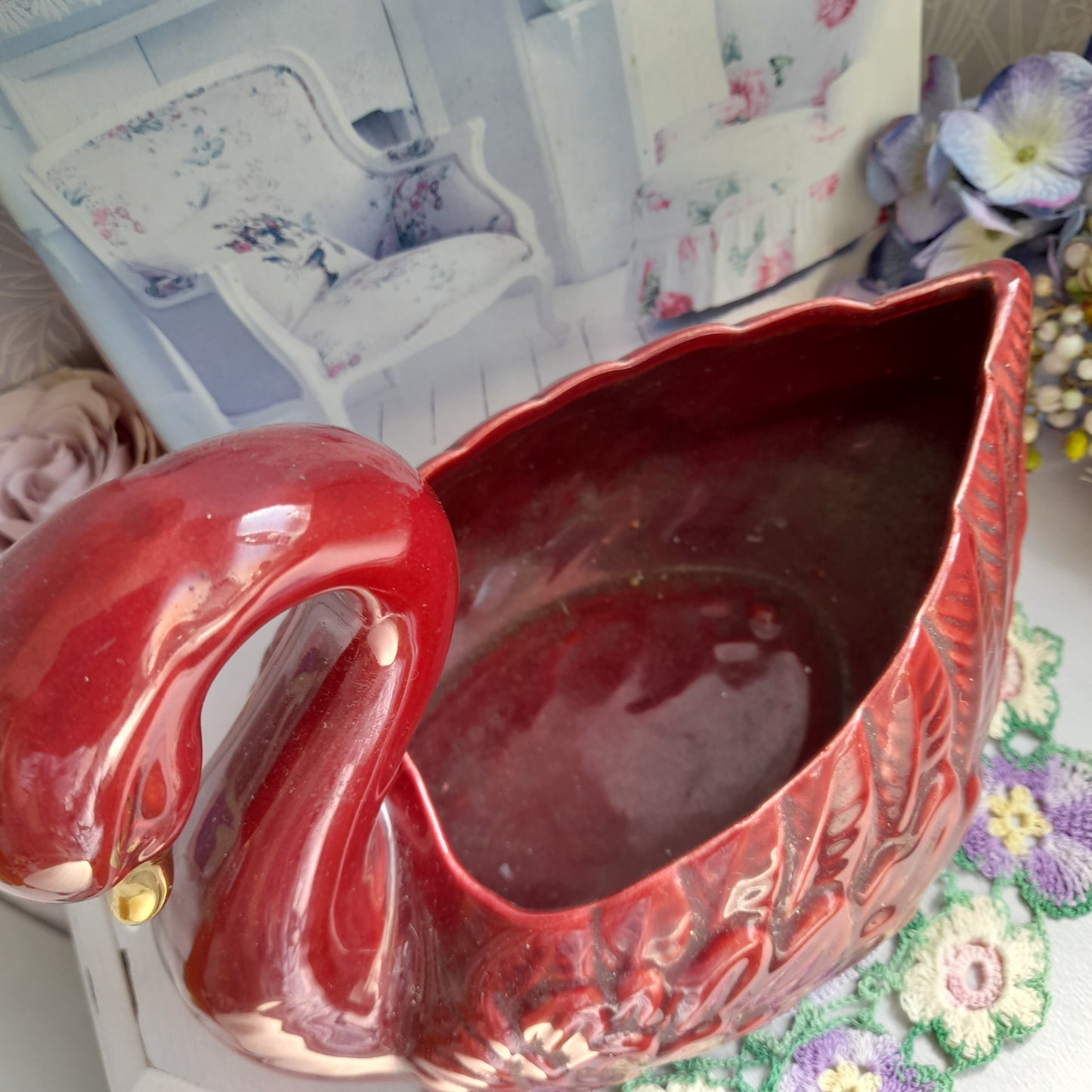 Darling Vintage Deep Red Swan Planter Plant Pot Vase