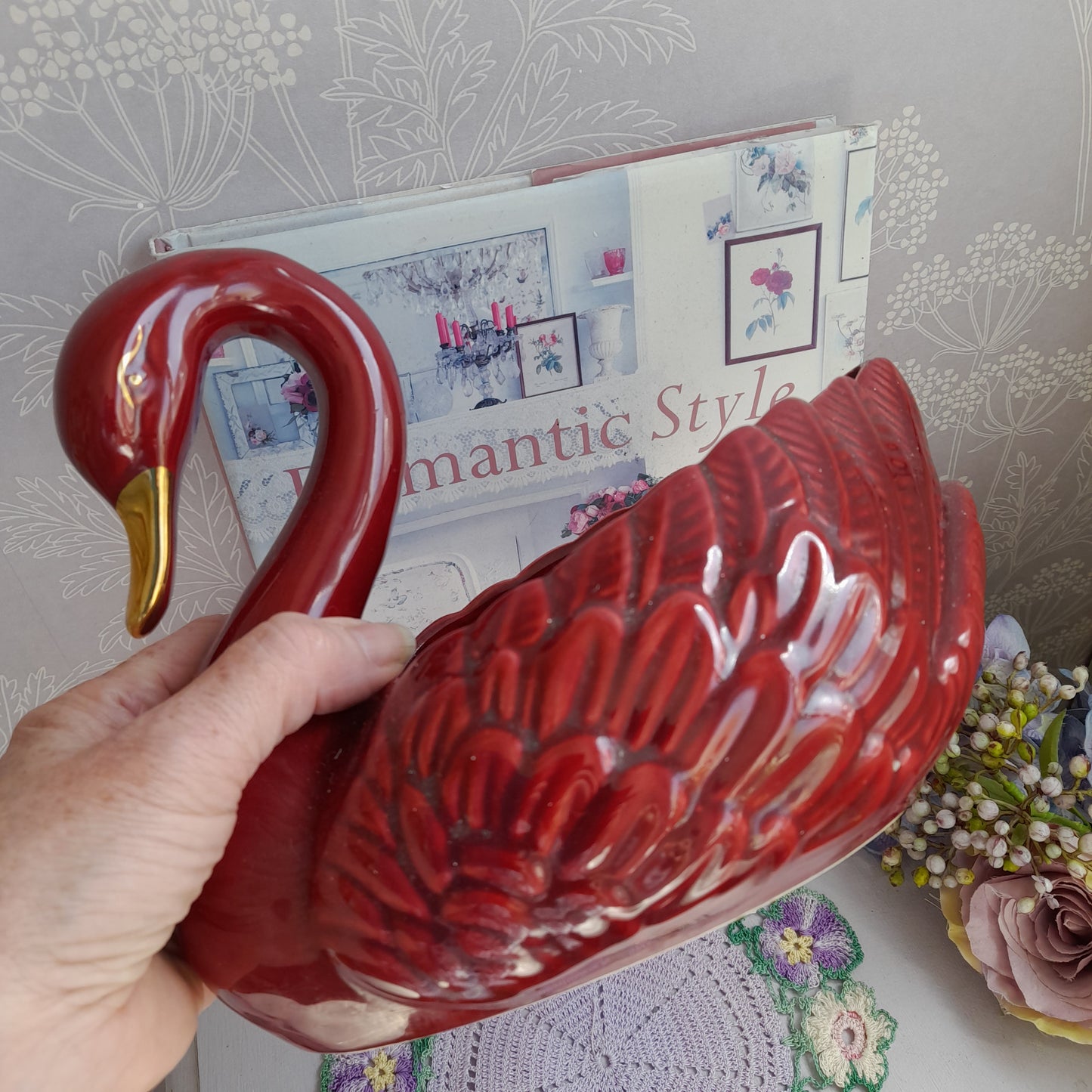 Darling Vintage Deep Red Swan Planter Plant Pot Vase