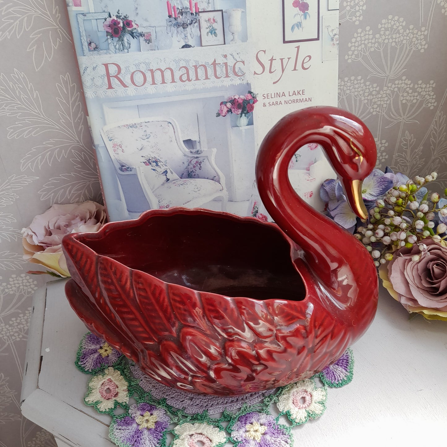 Darling Vintage Deep Red Swan Planter Plant Pot Vase