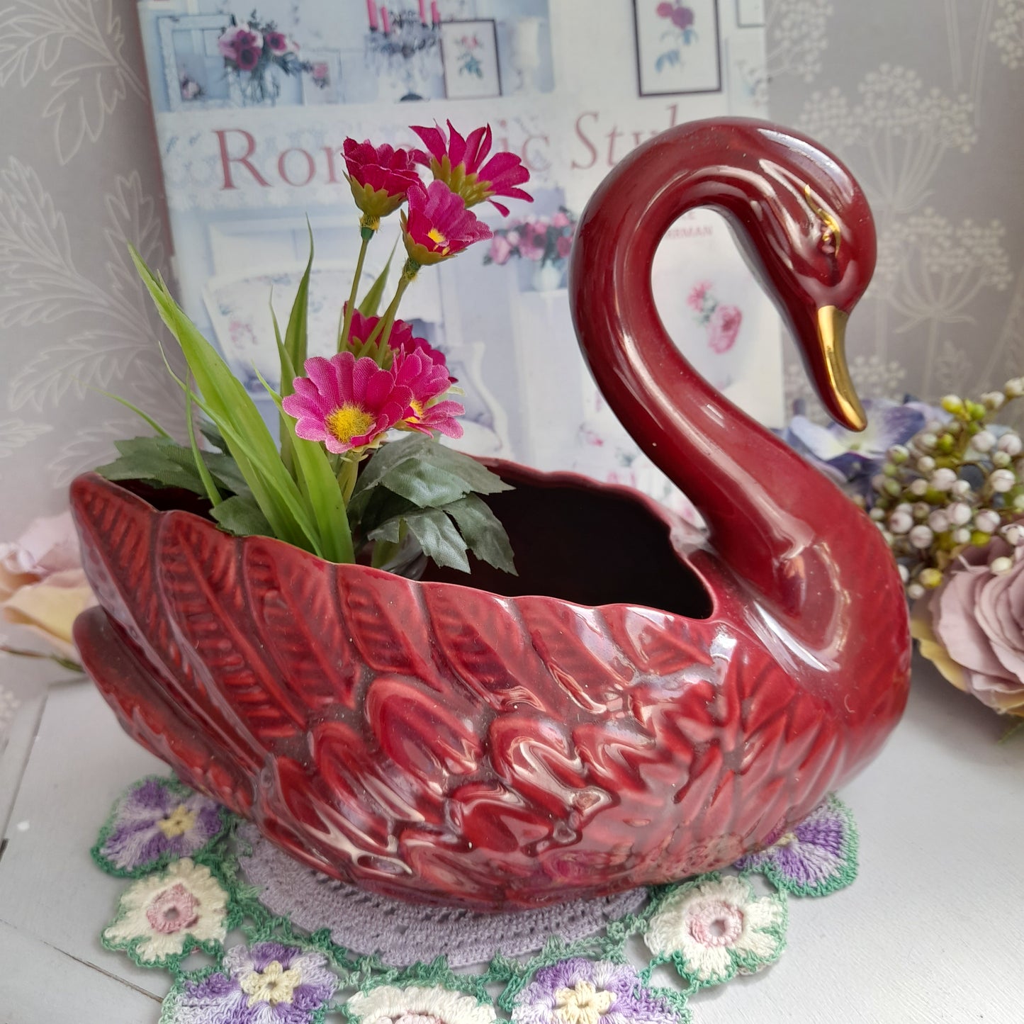 Darling Vintage Deep Red Swan Planter Plant Pot Vase