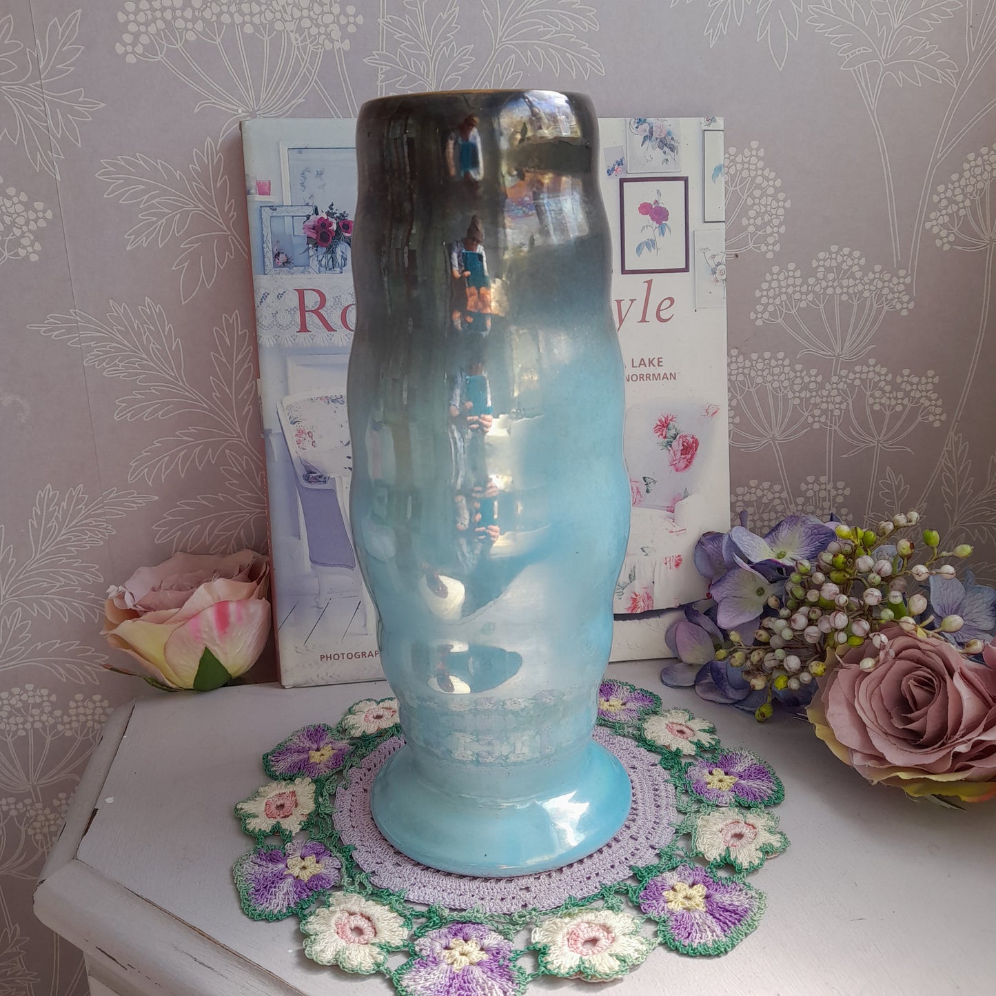 Art Deco MALING Pottery Vintage Duck Egg Blue Grey Transition Lustre Vase