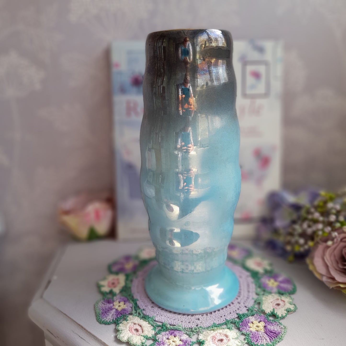 Art Deco MALING Pottery Vintage Duck Egg Blue Grey Transition Lustre Vase