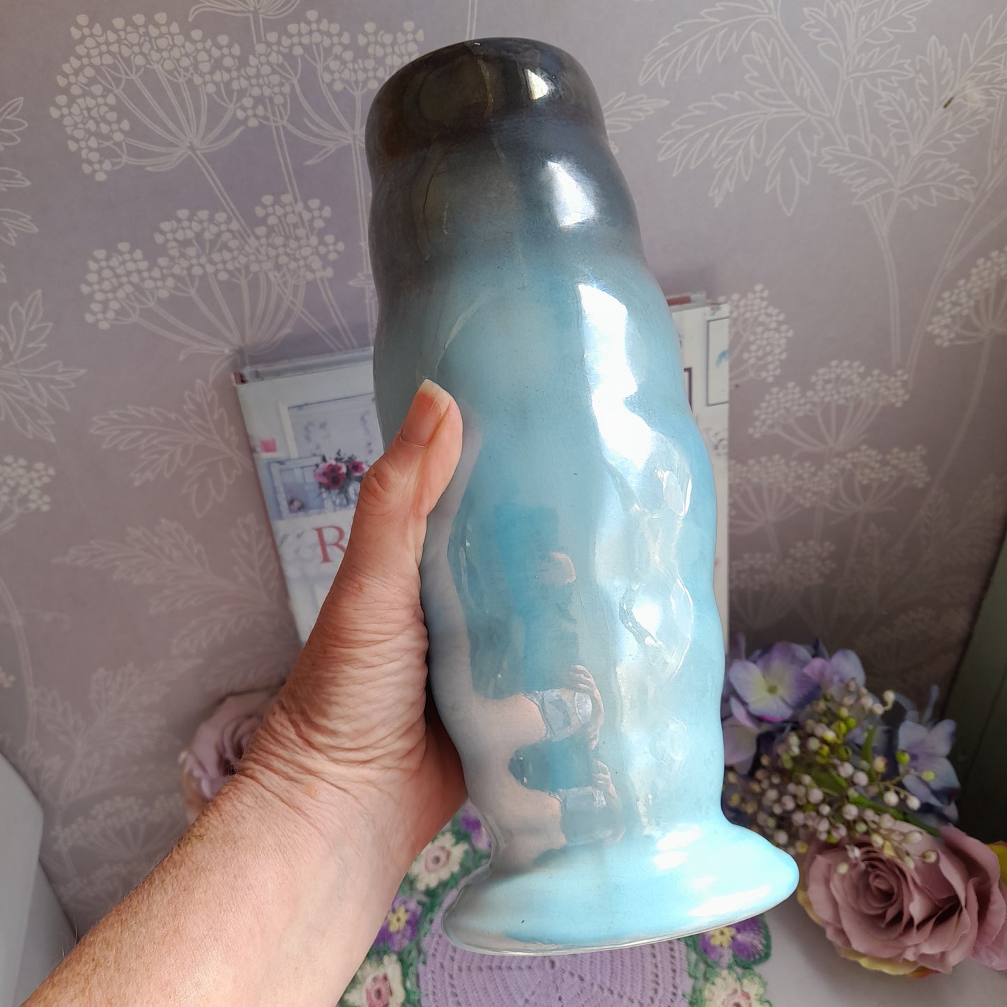 Art Deco MALING Pottery Vintage Duck Egg Blue Grey Transition Lustre Vase
