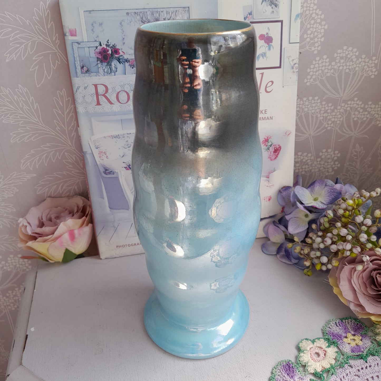 Art Deco MALING Pottery Vintage Duck Egg Blue Grey Transition Lustre Vase