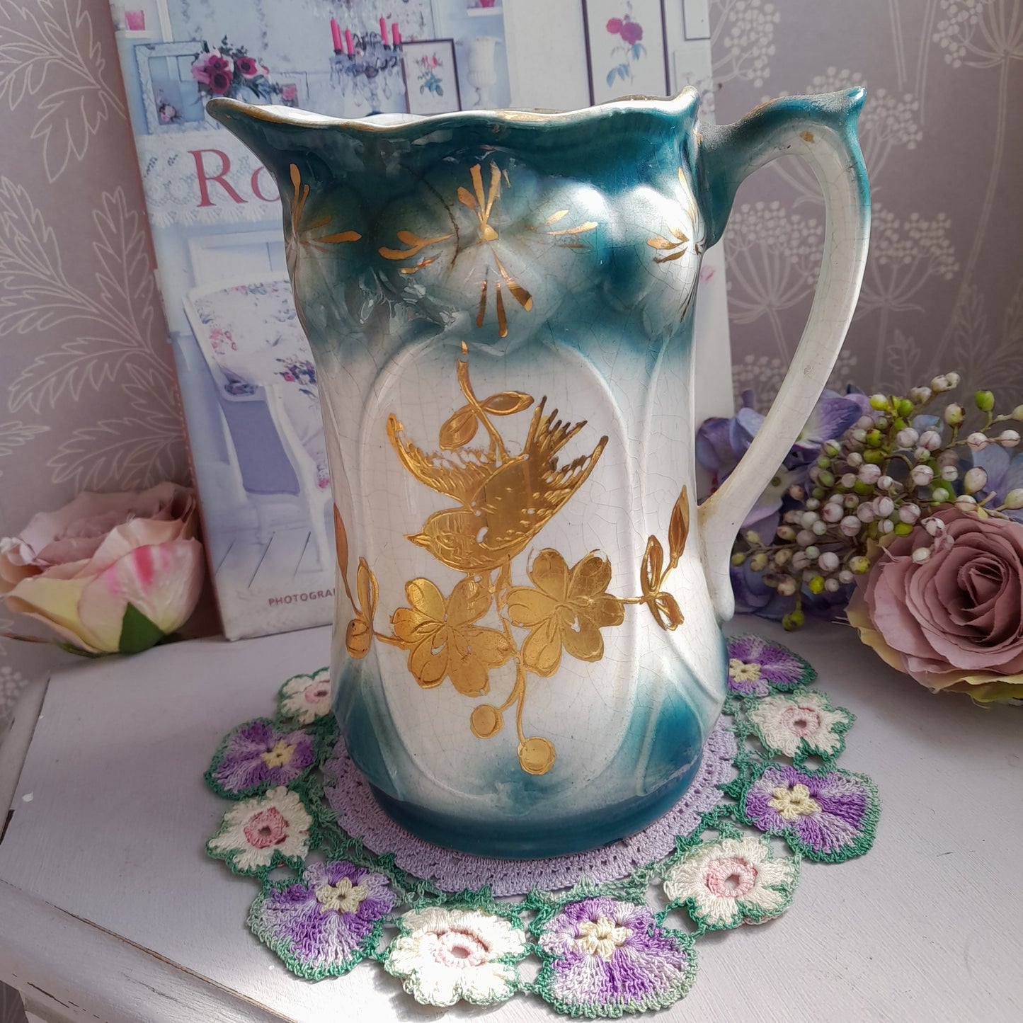 Art Nouveau Jug in Teal With Gold Swift & Blossom Hand Painted to Front