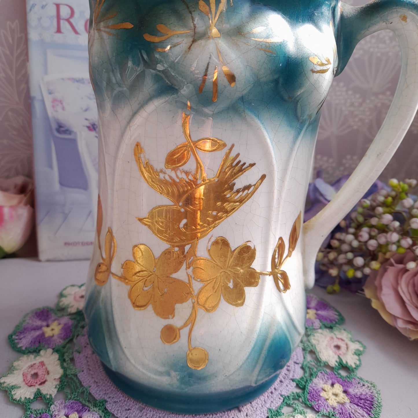 Art Nouveau Jug in Teal With Gold Swift & Blossom Hand Painted to Front