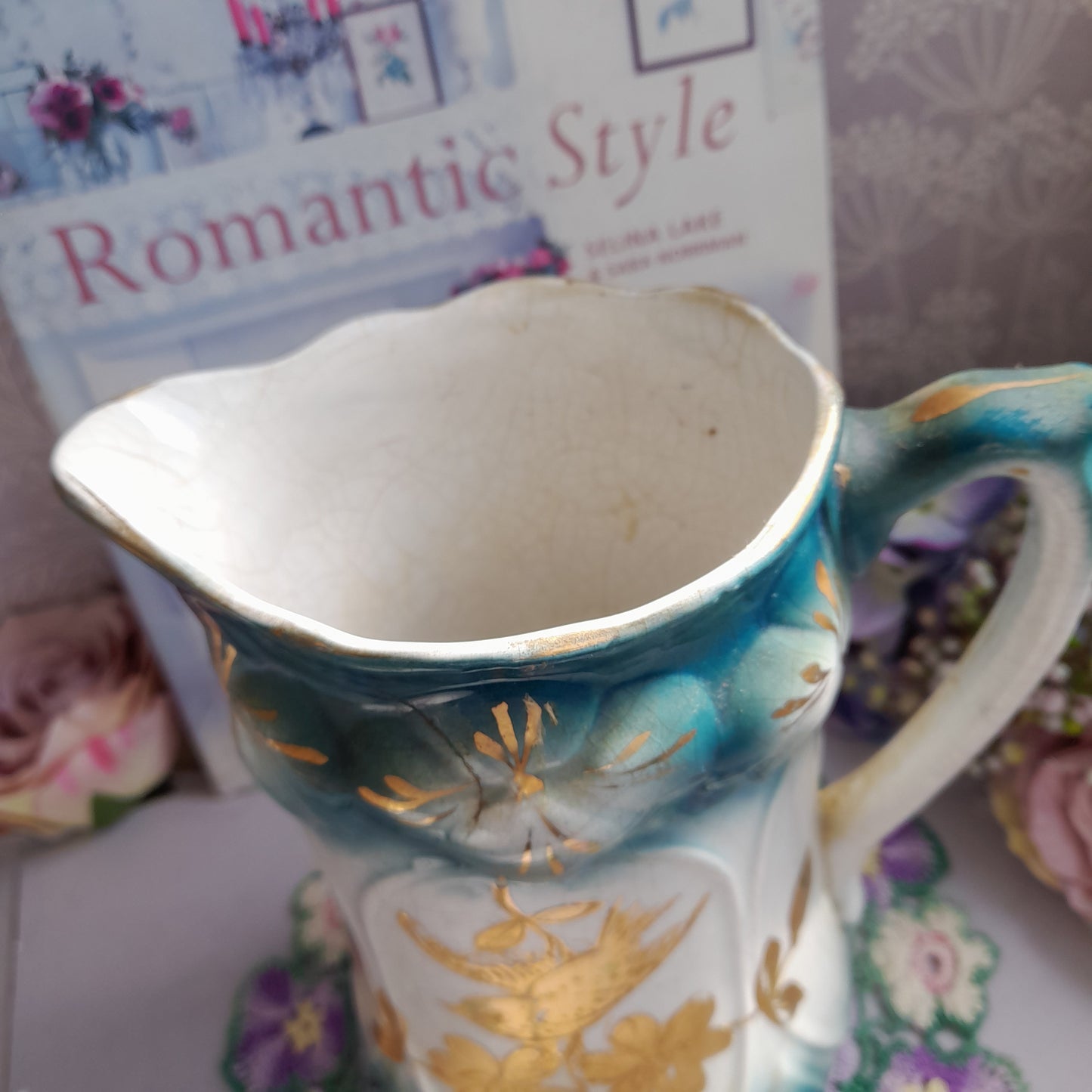 Art Nouveau Jug in Teal With Gold Swift & Blossom Hand Painted to Front