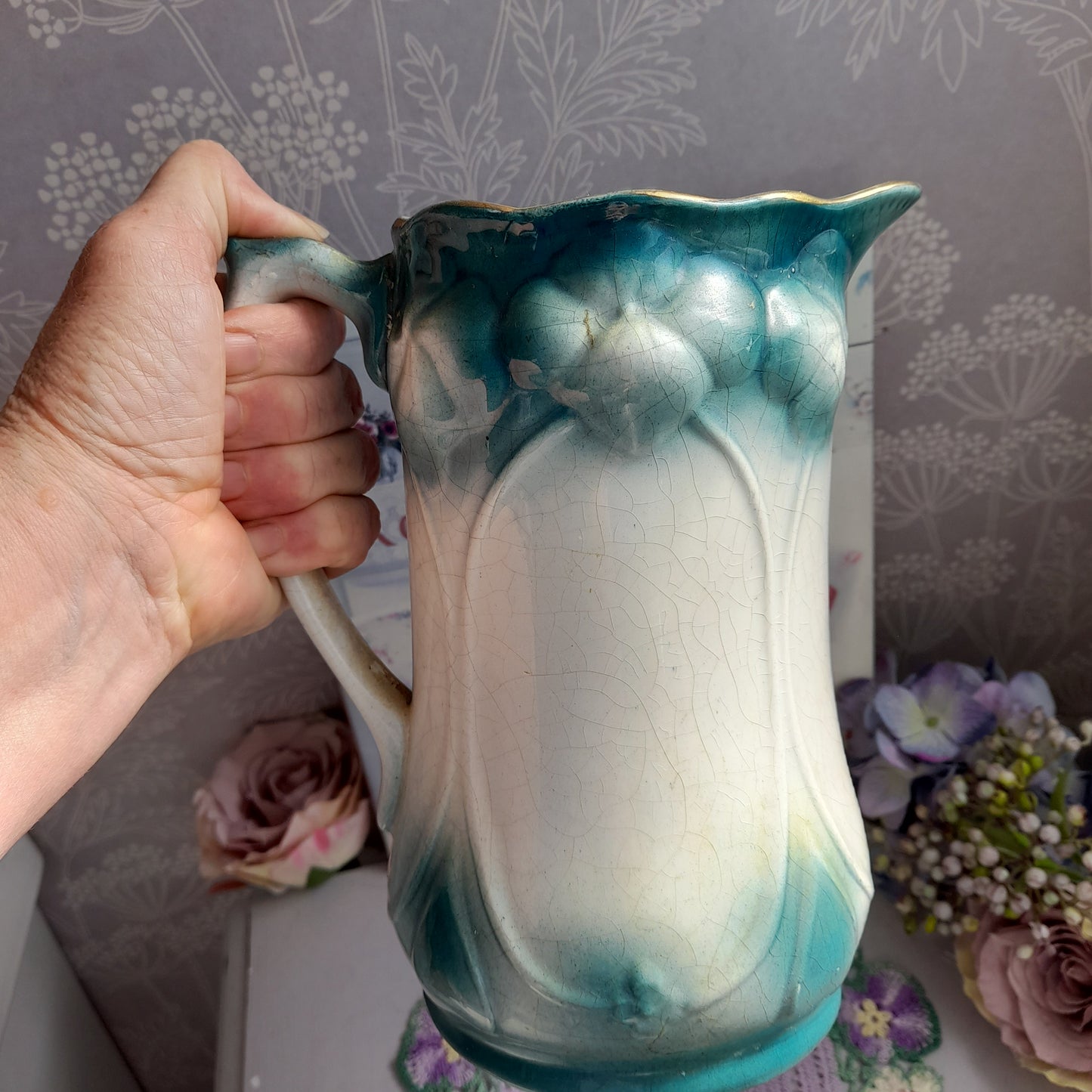 Art Nouveau Jug in Teal With Gold Swift & Blossom Hand Painted to Front