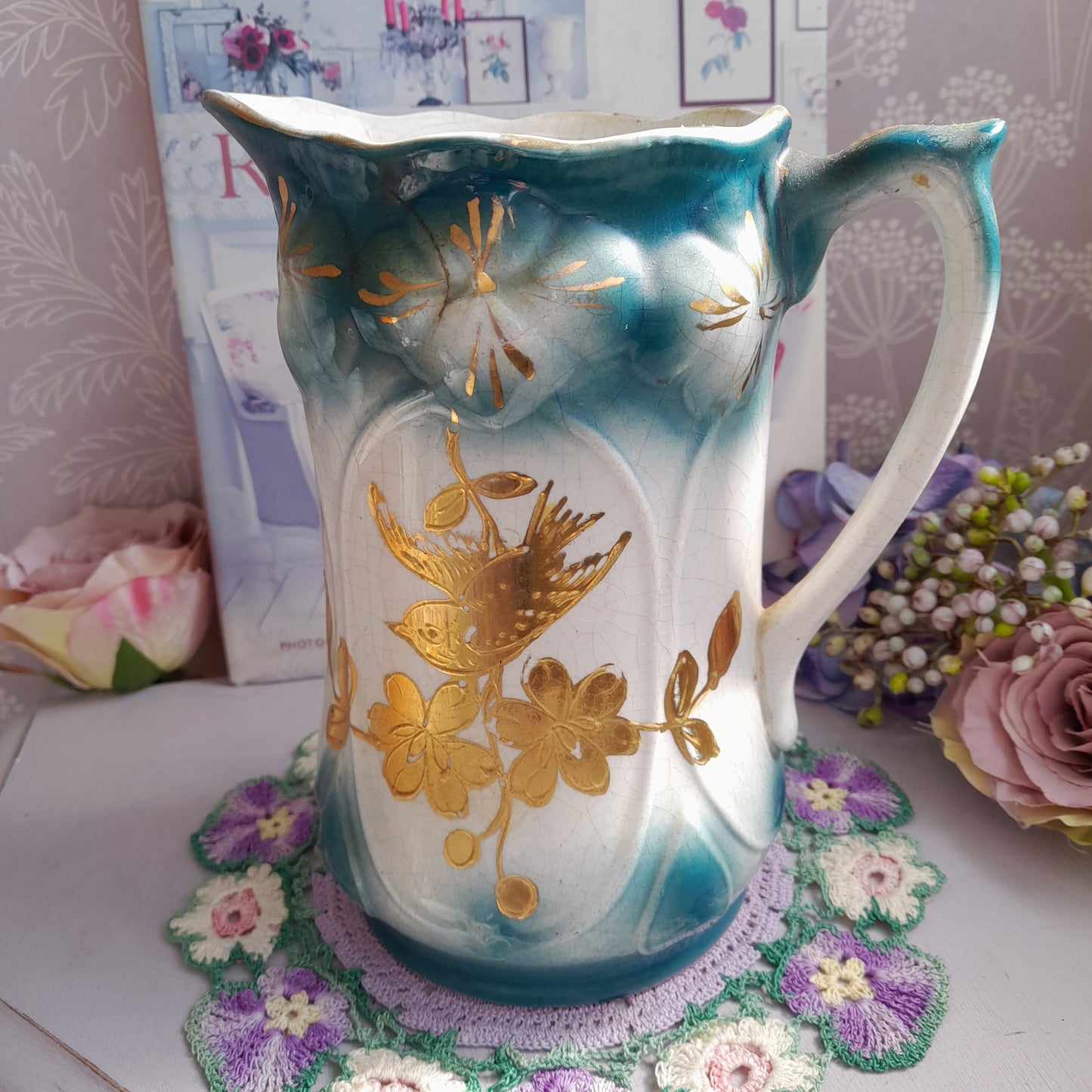 Art Nouveau Jug in Teal With Gold Swift & Blossom Hand Painted to Front