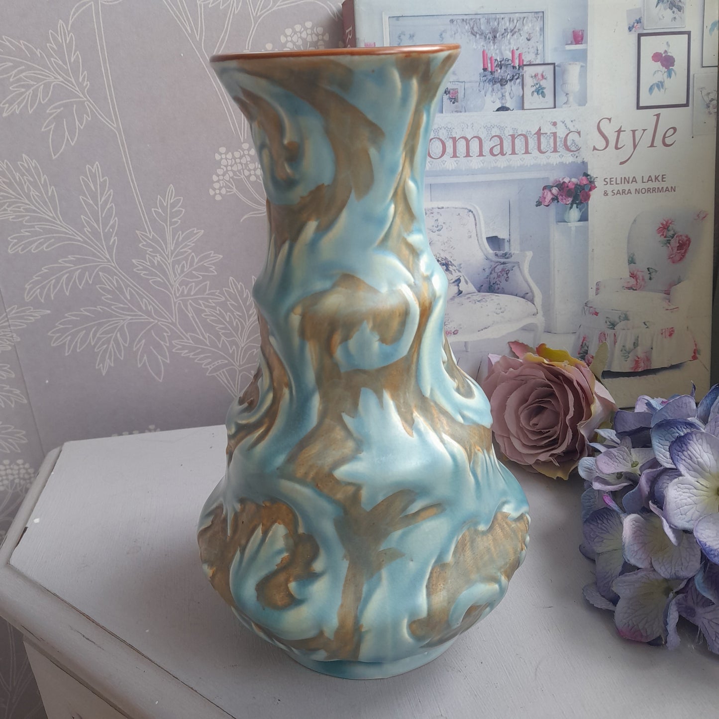 Antique Phoenix Ware Thomas Forester Art Nouveau Duck Egg Blue Relief Vase