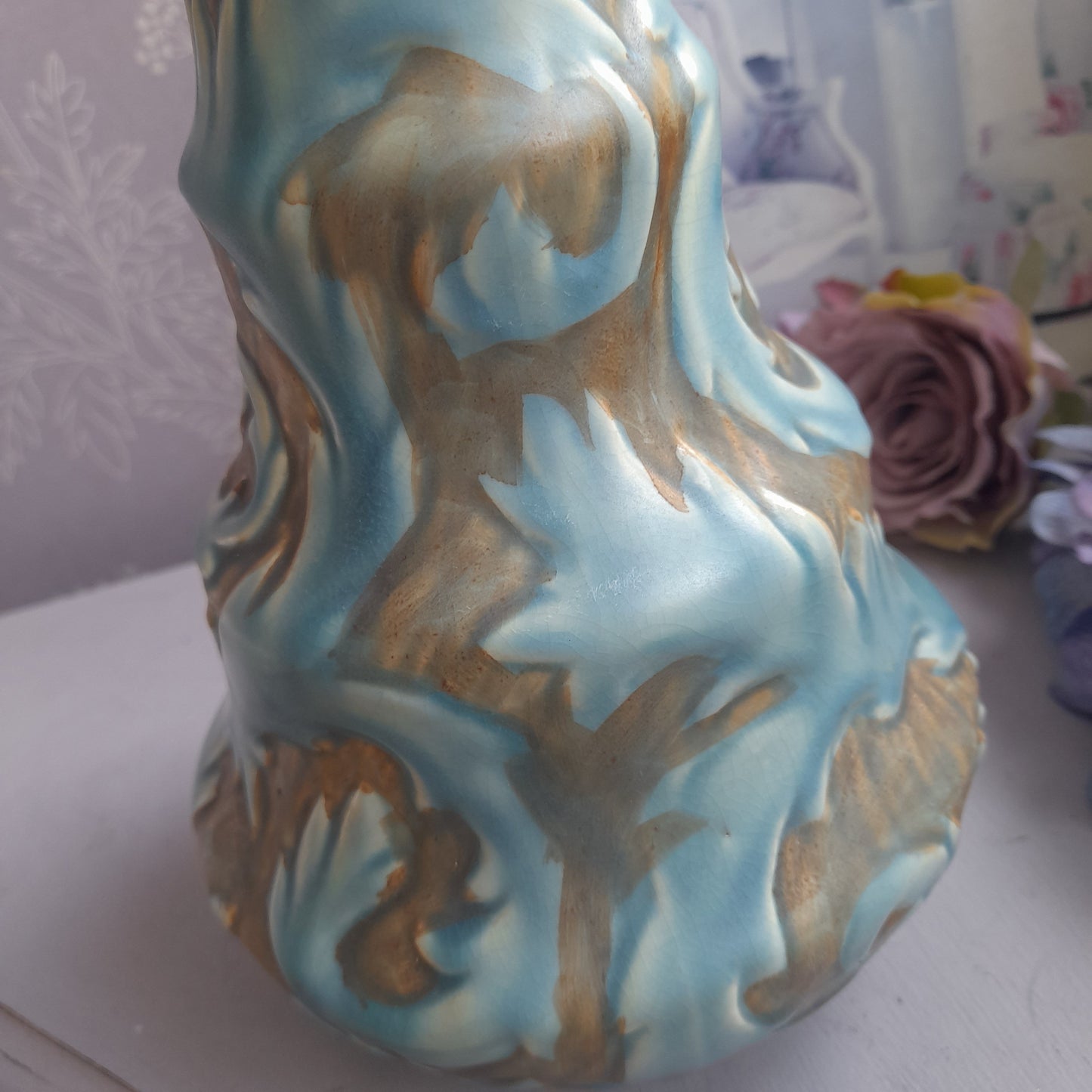 Antique Phoenix Ware Thomas Forester Art Nouveau Duck Egg Blue Relief Vase