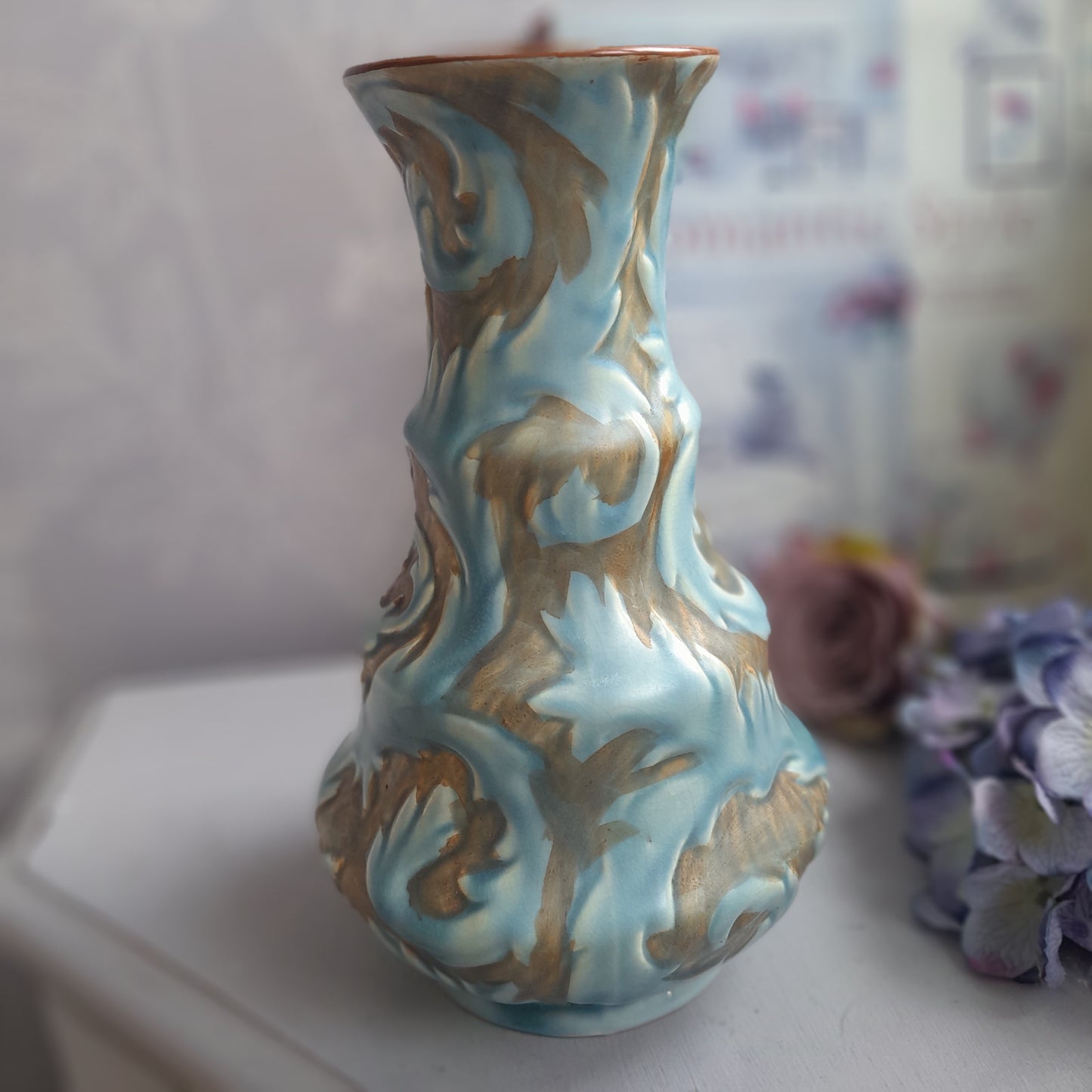 Antique Phoenix Ware Thomas Forester Art Nouveau Duck Egg Blue Relief Vase