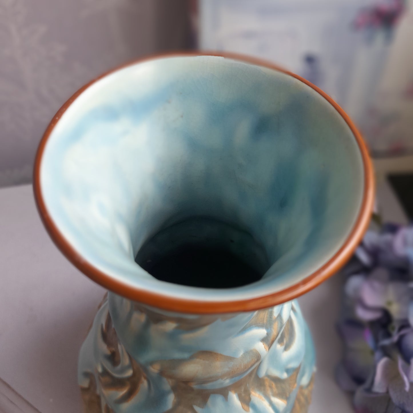 Antique Phoenix Ware Thomas Forester Art Nouveau Duck Egg Blue Relief Vase