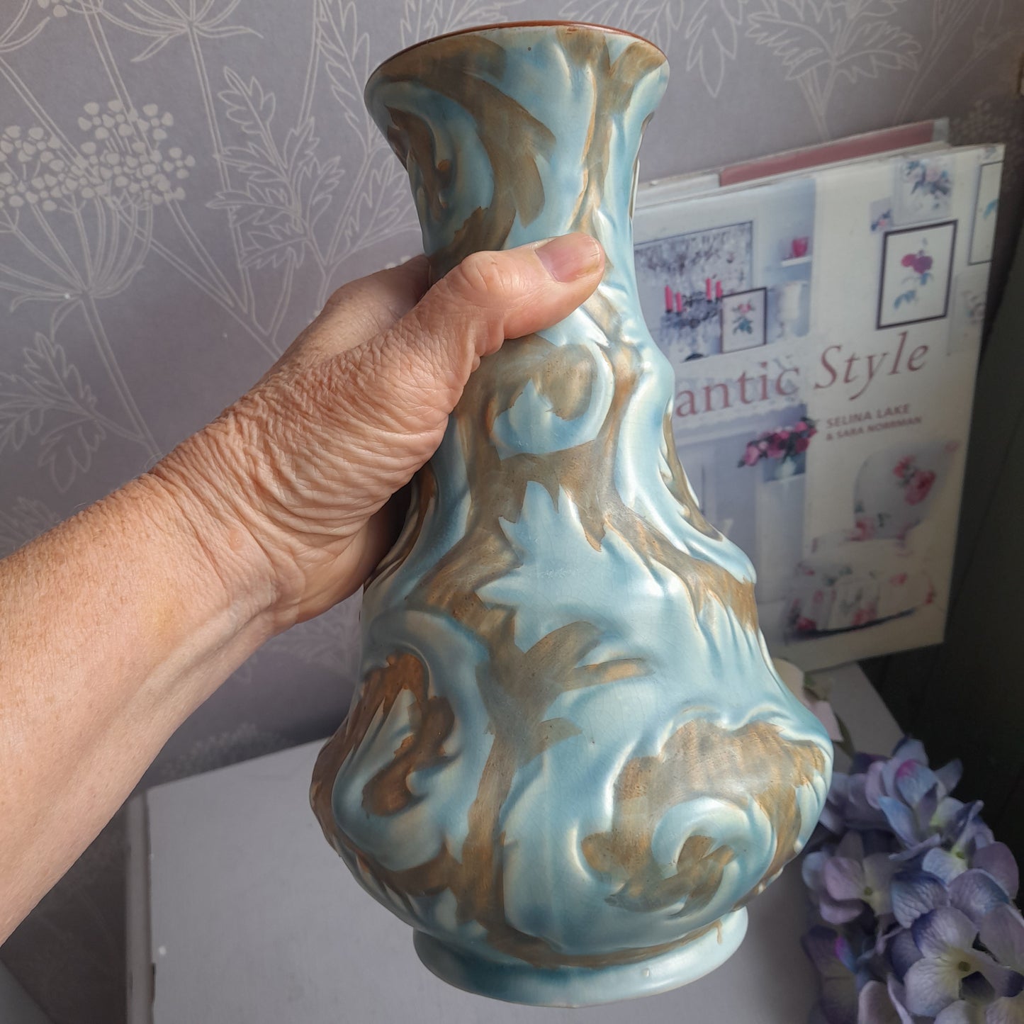 Antique Phoenix Ware Thomas Forester Art Nouveau Duck Egg Blue Relief Vase
