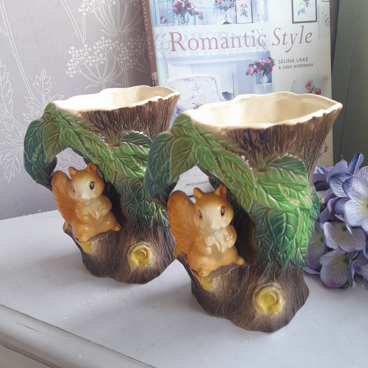 Darling Pair of HORNSEA Squirrel & Tree Jugs, Set of 2 Fauna Woodland Bud Vases in Design 75