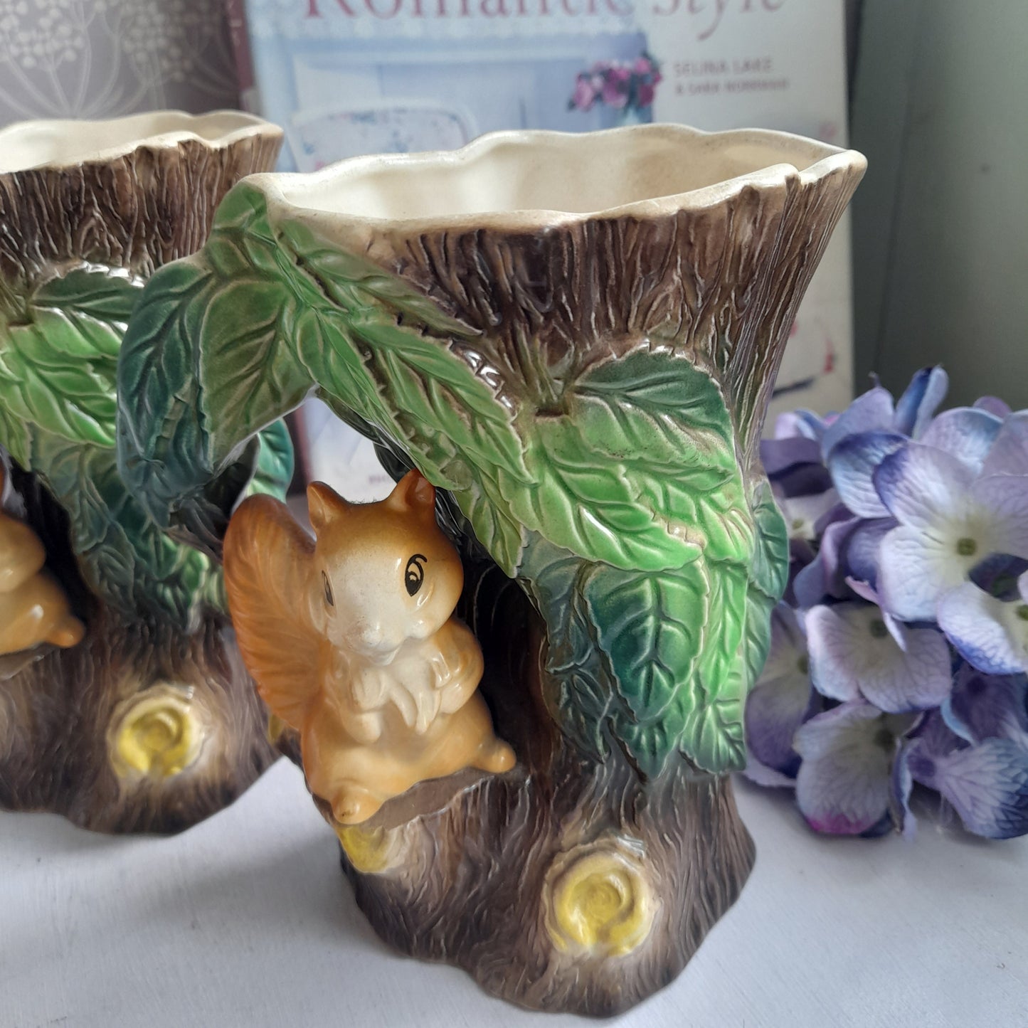 Darling Pair of HORNSEA Squirrel & Tree Jugs, Set of 2 Fauna Woodland Bud Vases in Design 75