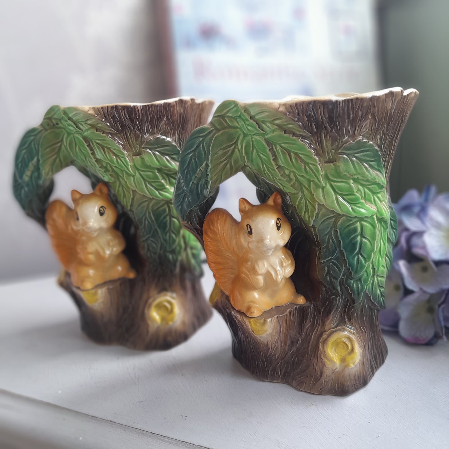 Darling Pair of HORNSEA Squirrel & Tree Jugs, Set of 2 Fauna Woodland Bud Vases in Design 75
