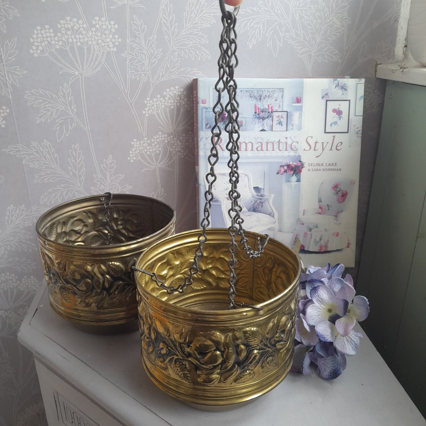 Darling Pair Vintage Hammered Brass Hanging Planters