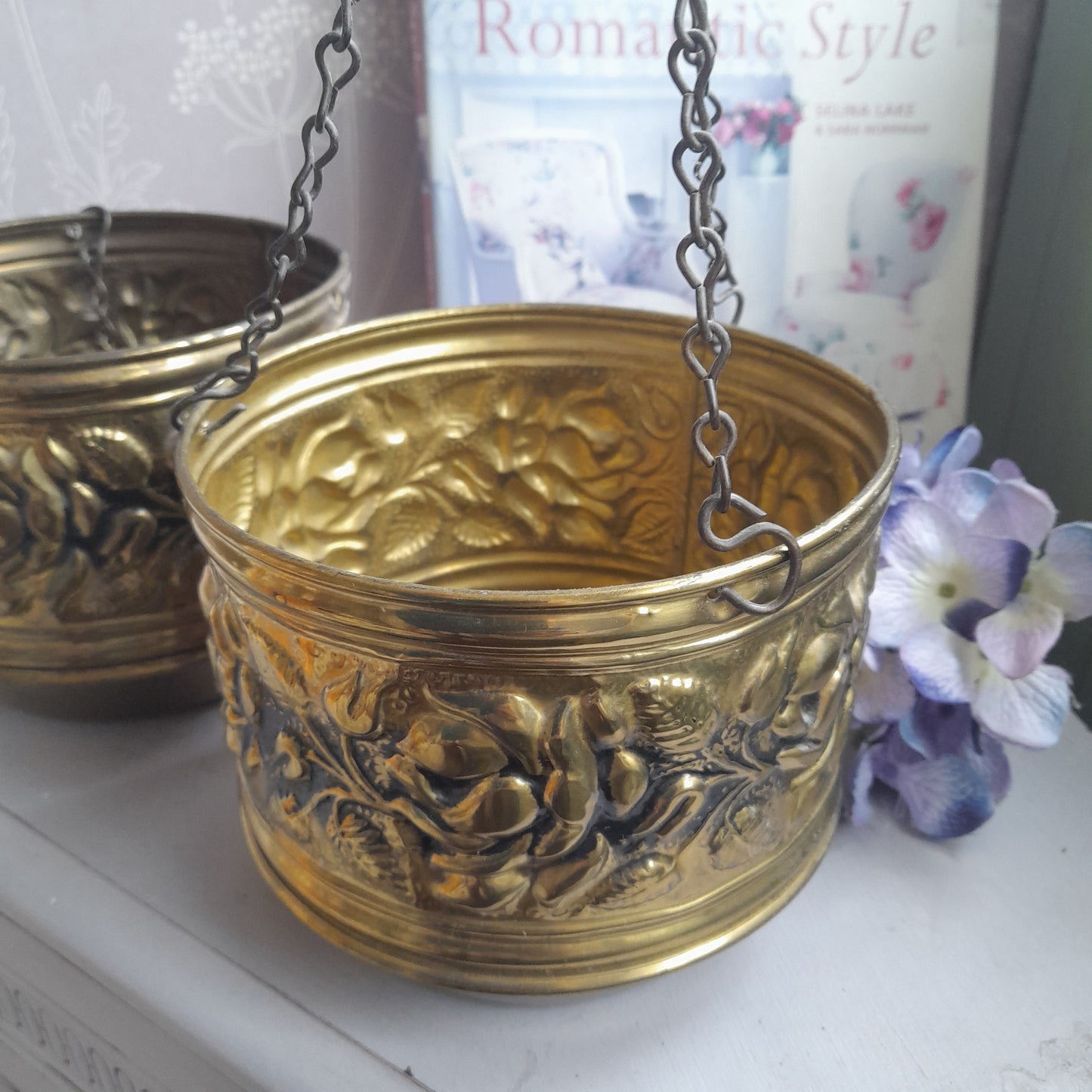 Darling Pair Vintage Hammered Brass Hanging Planters