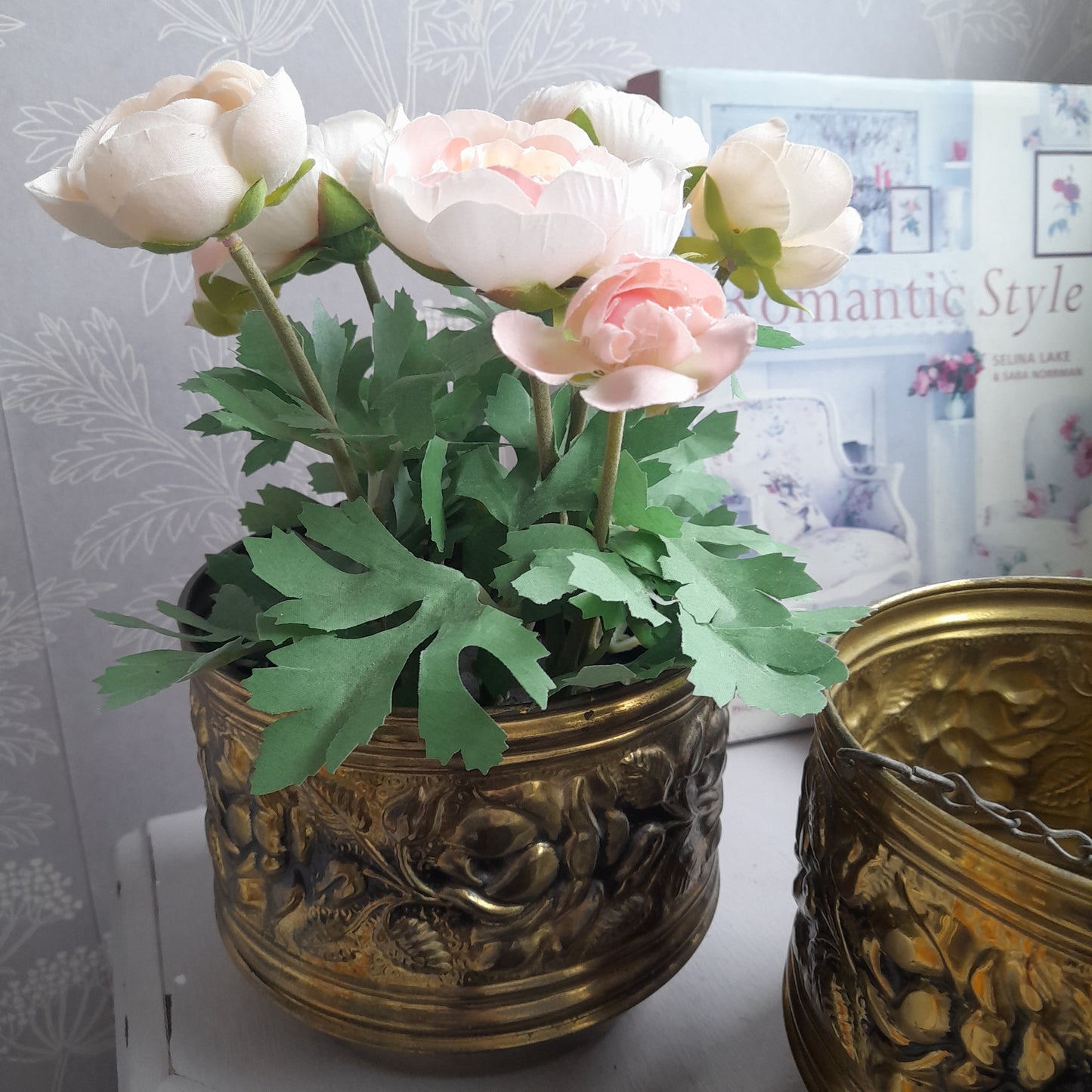 Darling Pair Vintage Hammered Brass Hanging Planters