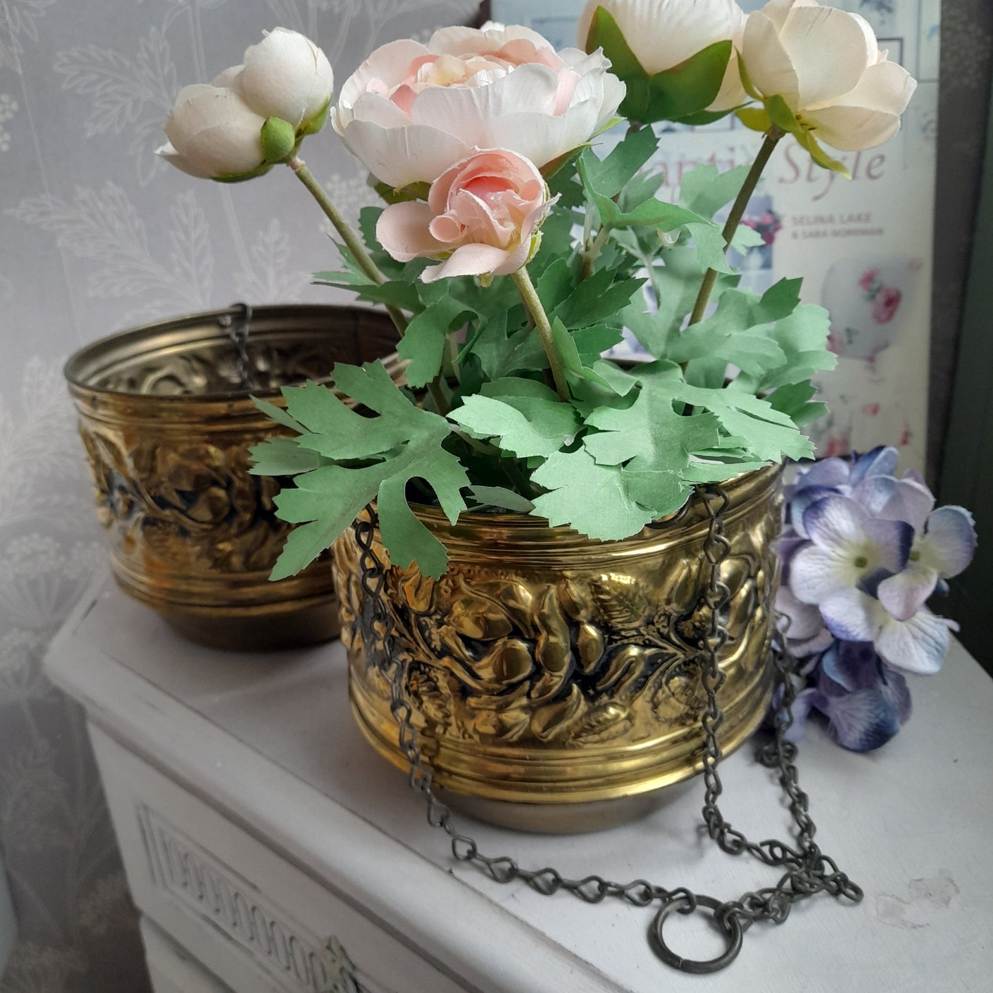 Darling Pair Vintage Hammered Brass Hanging Planters