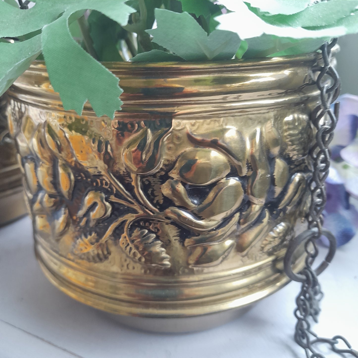 Darling Pair Vintage Hammered Brass Hanging Planters