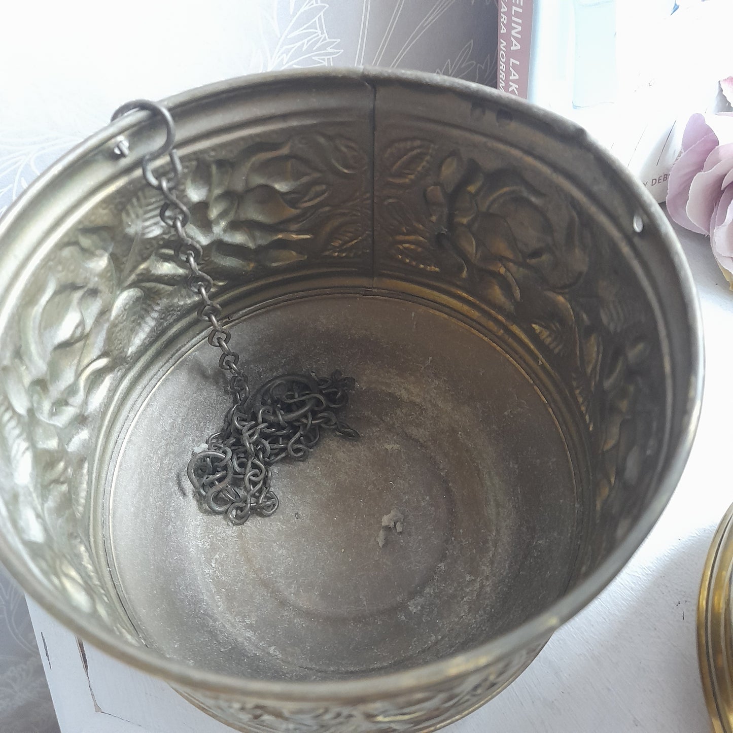 Darling Pair Vintage Hammered Brass Hanging Planters