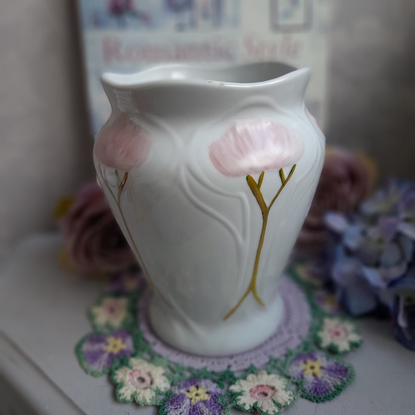 Darling Art Nouveau White Vase With Pink Flowers & Raised Relief Detail