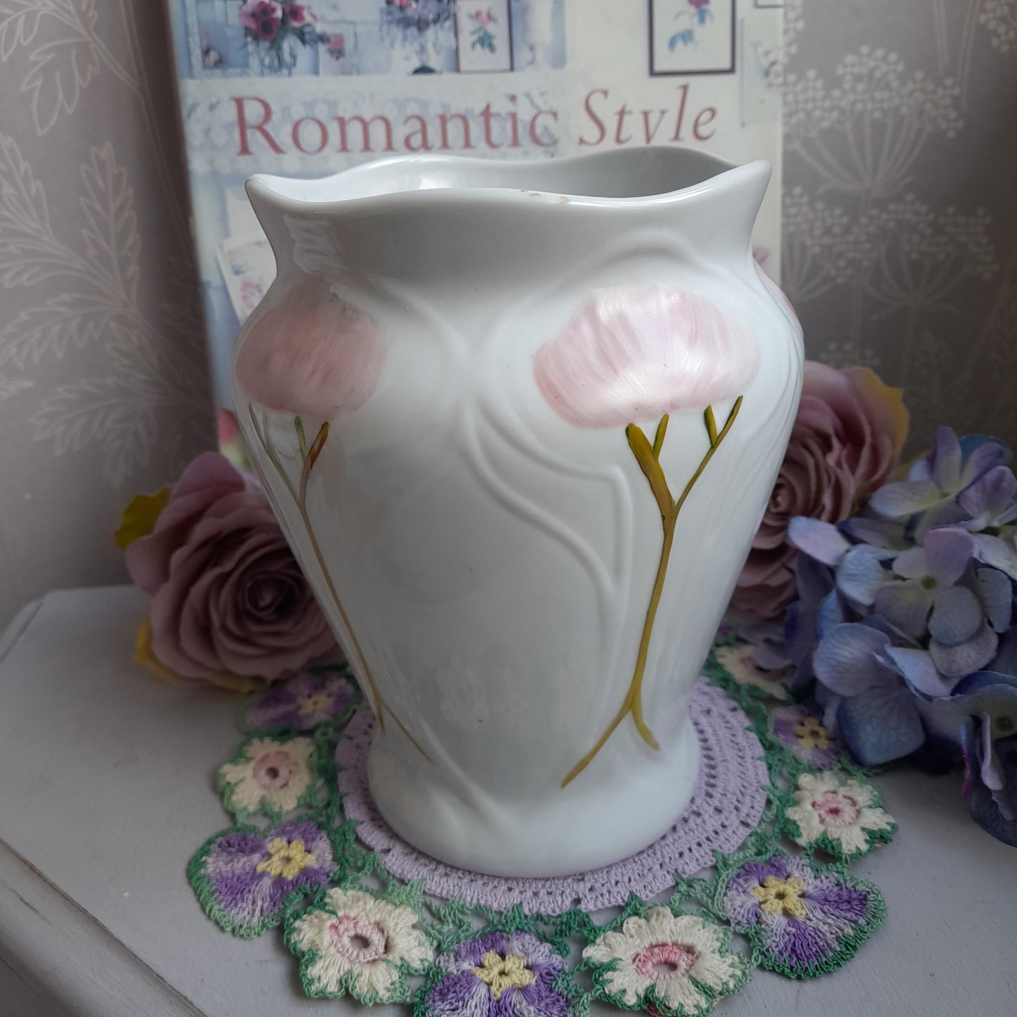 Darling Art Nouveau White Vase With Pink Flowers & Raised Relief Detail