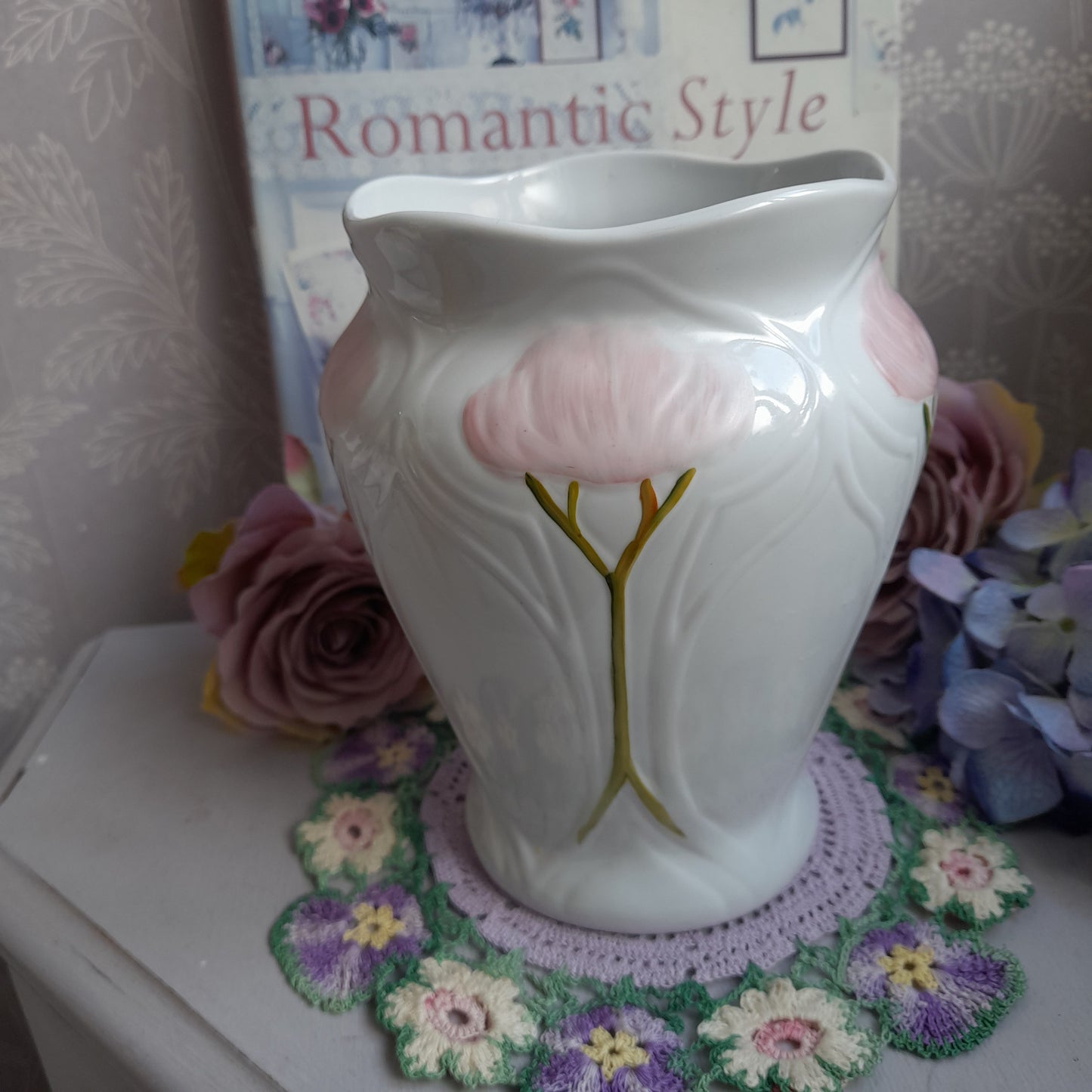 Darling Art Nouveau White Vase With Pink Flowers & Raised Relief Detail