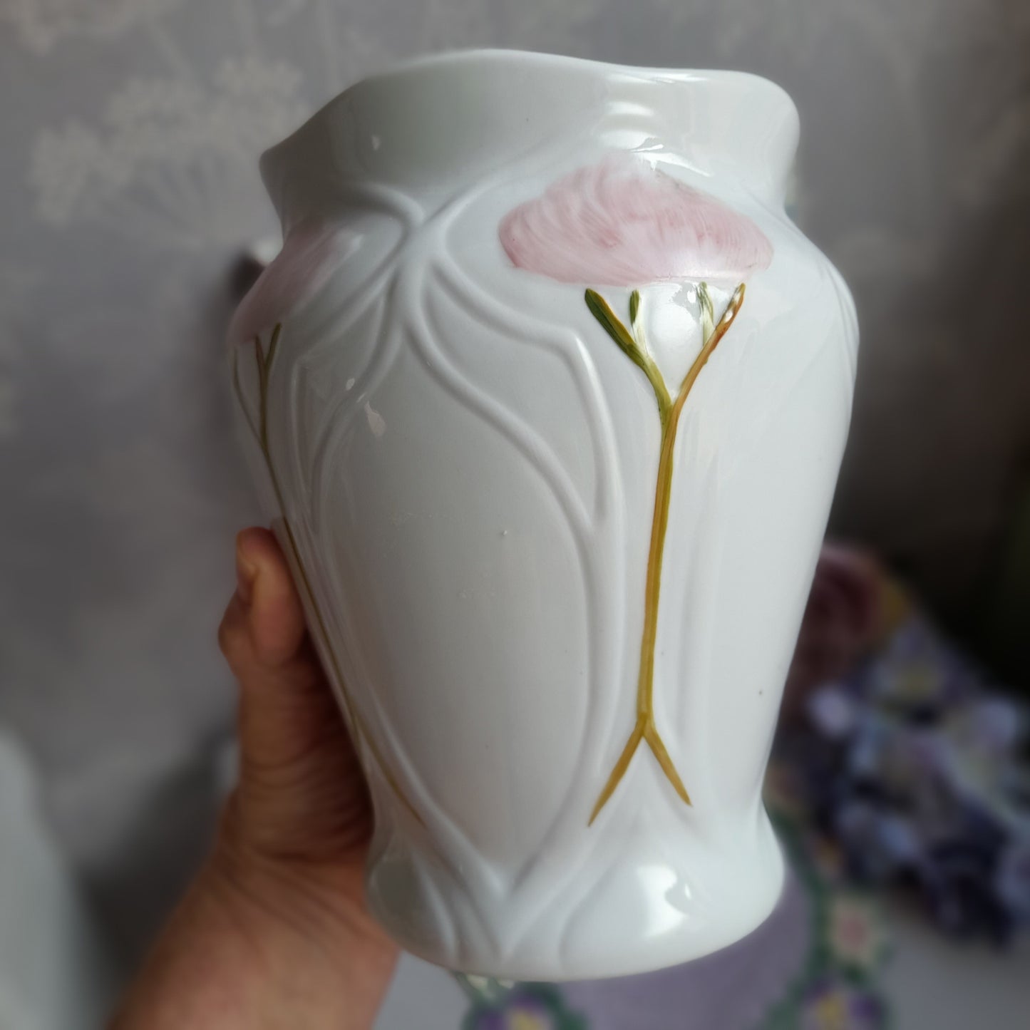 Darling Art Nouveau White Vase With Pink Flowers & Raised Relief Detail