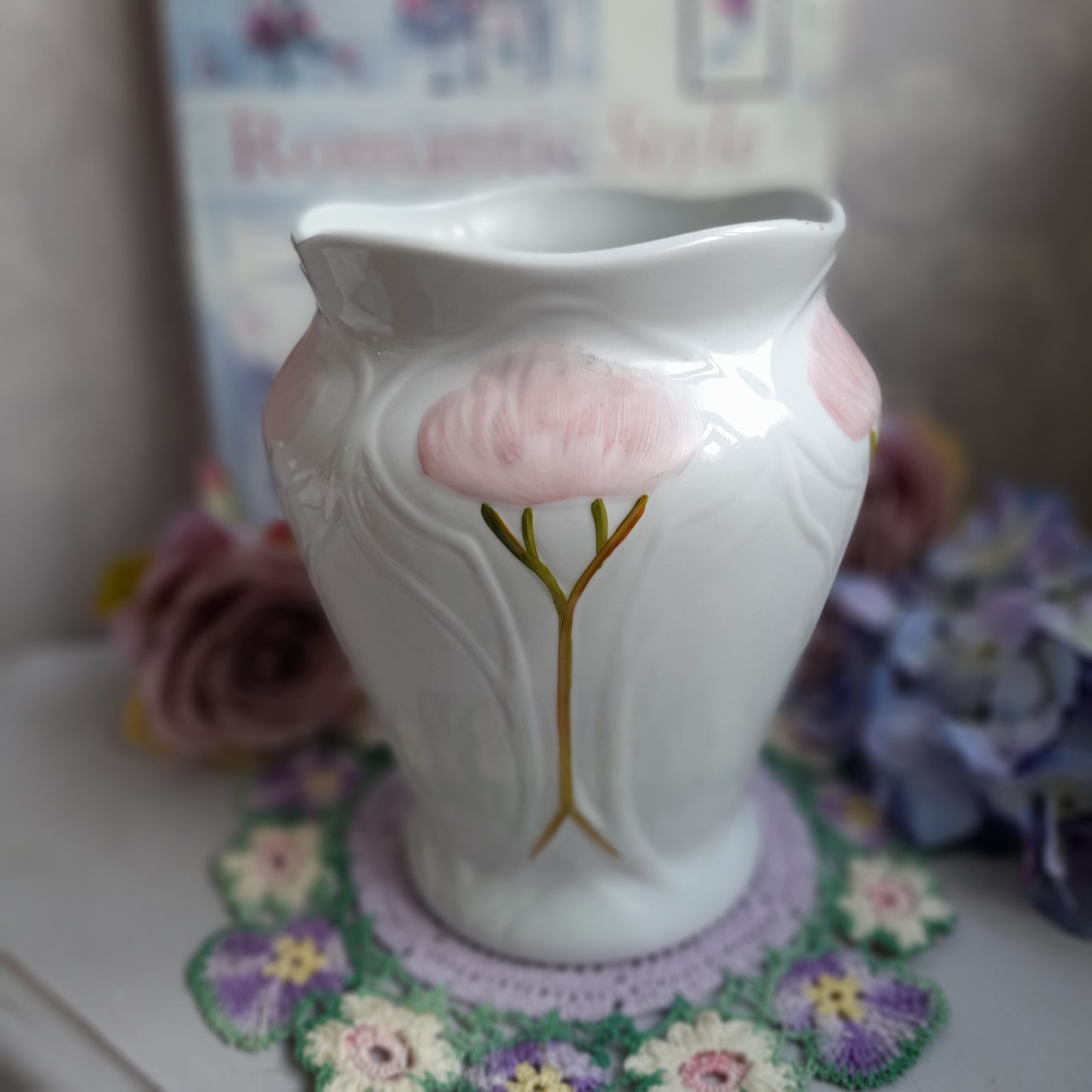 Darling Art Nouveau White Vase With Pink Flowers & Raised Relief Detail
