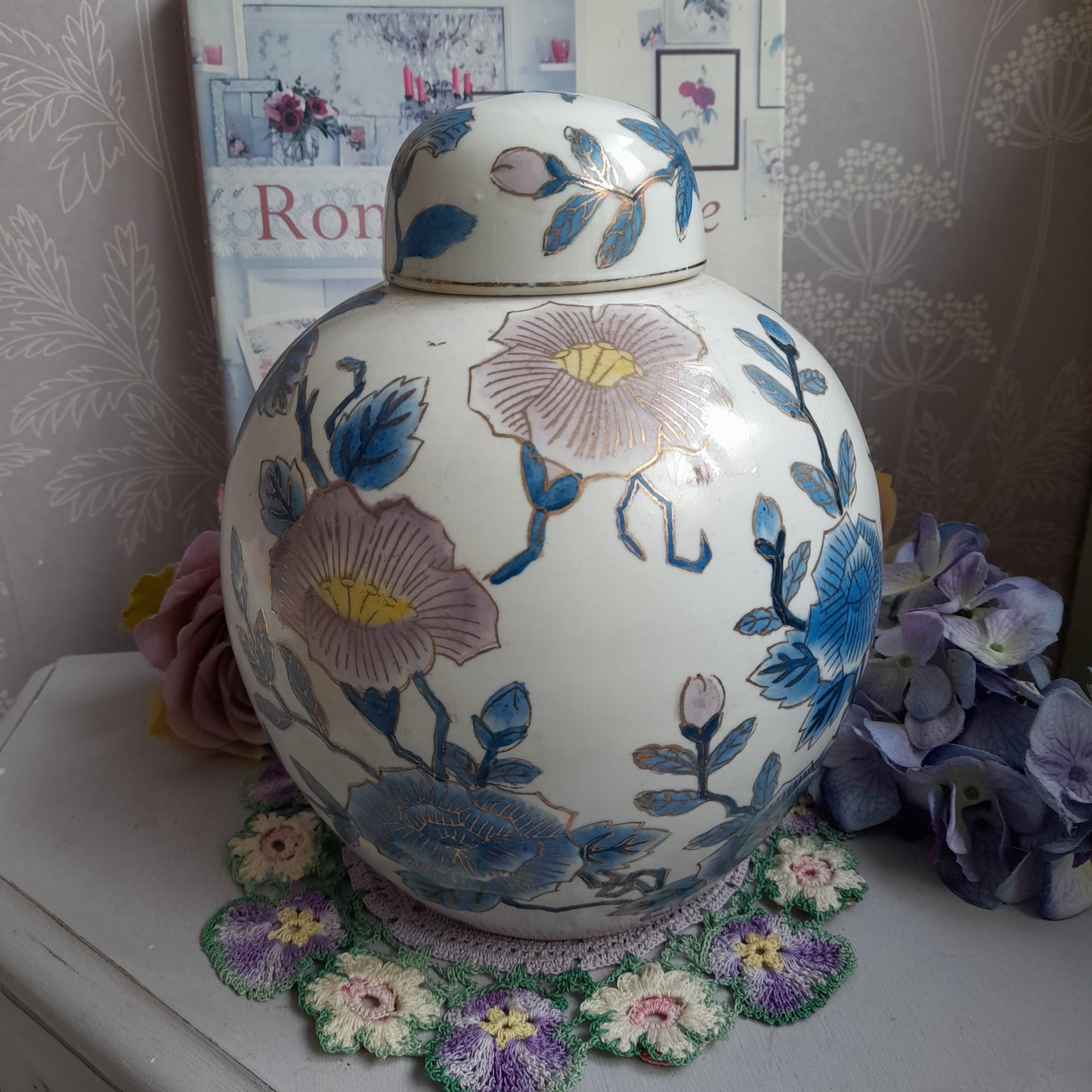 Large Antique Chinese Ginger Jar With Lid In Pink & Blue Blossom