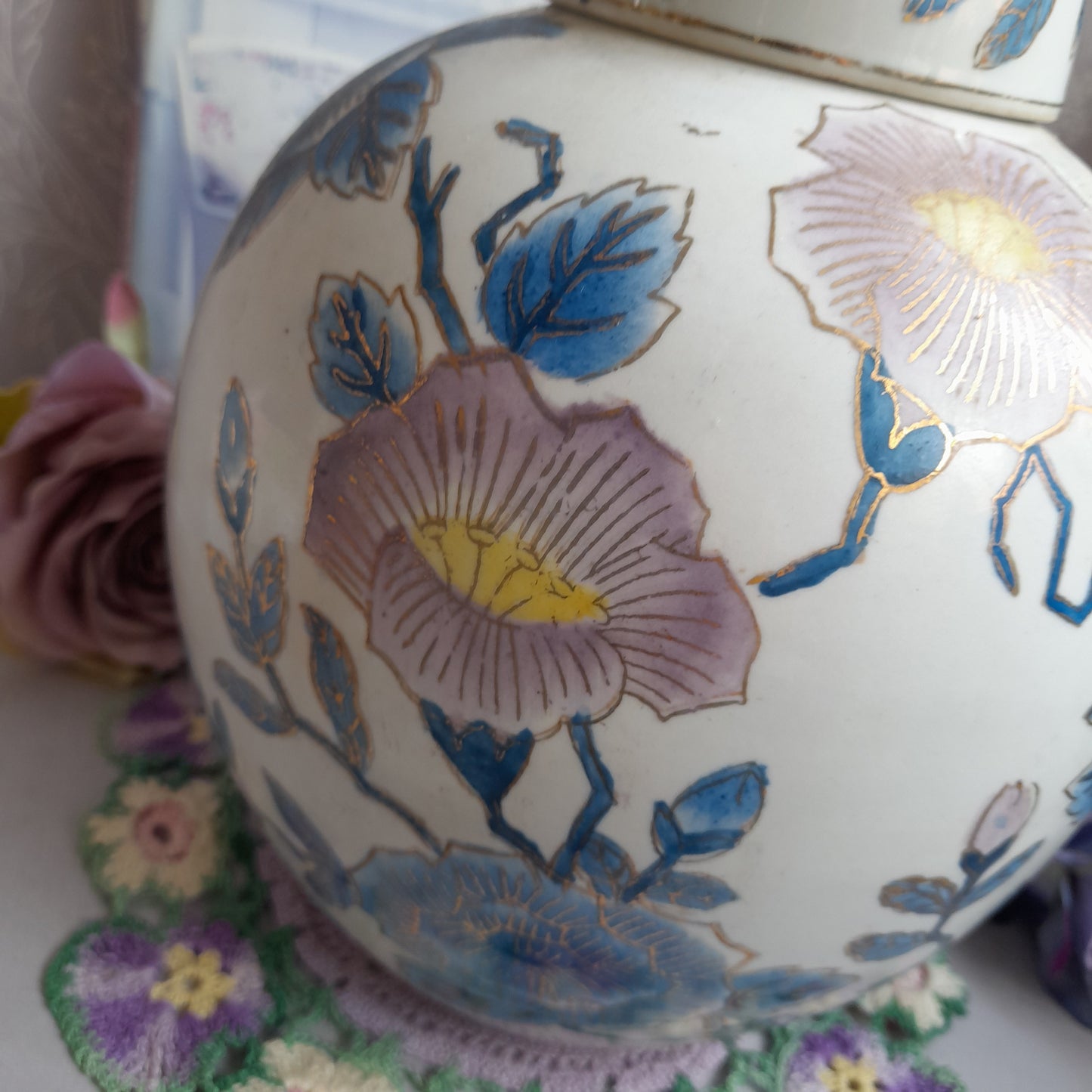 Large Antique Chinese Ginger Jar With Lid In Pink & Blue Blossom