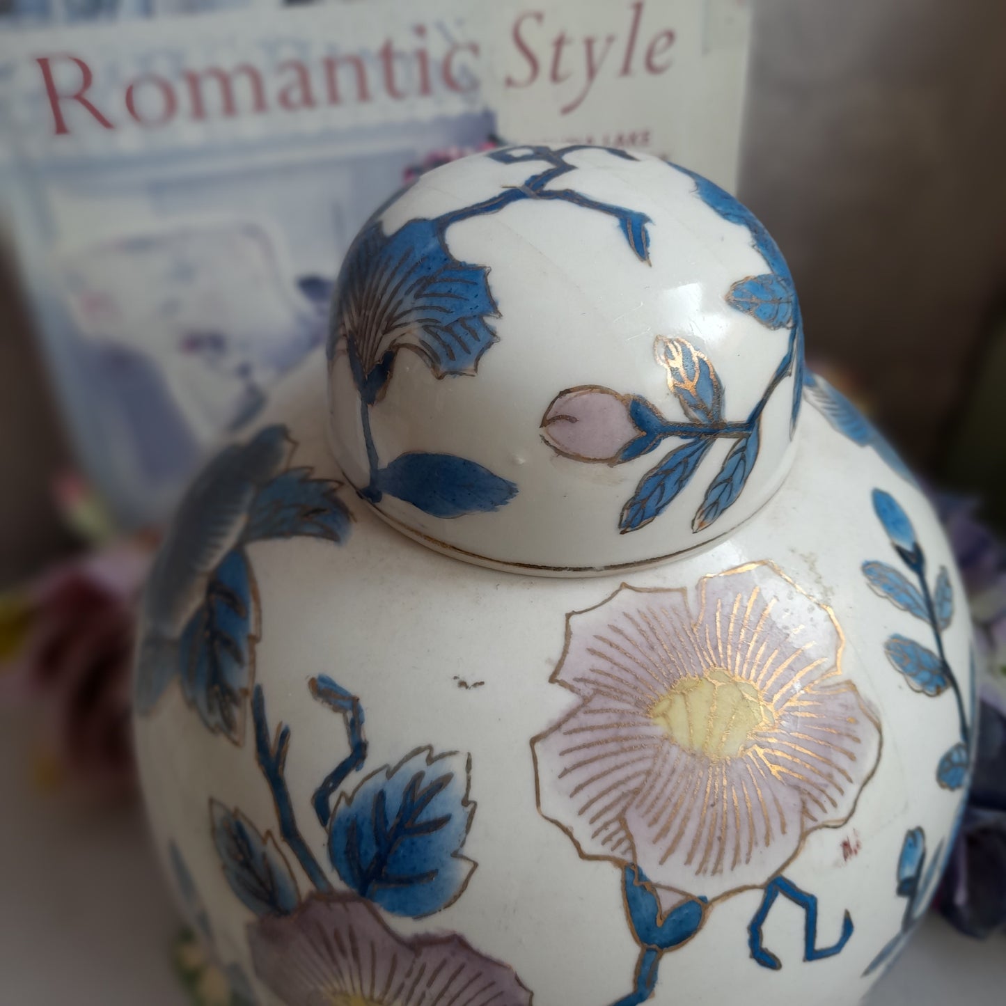 Large Antique Chinese Ginger Jar With Lid In Pink & Blue Blossom