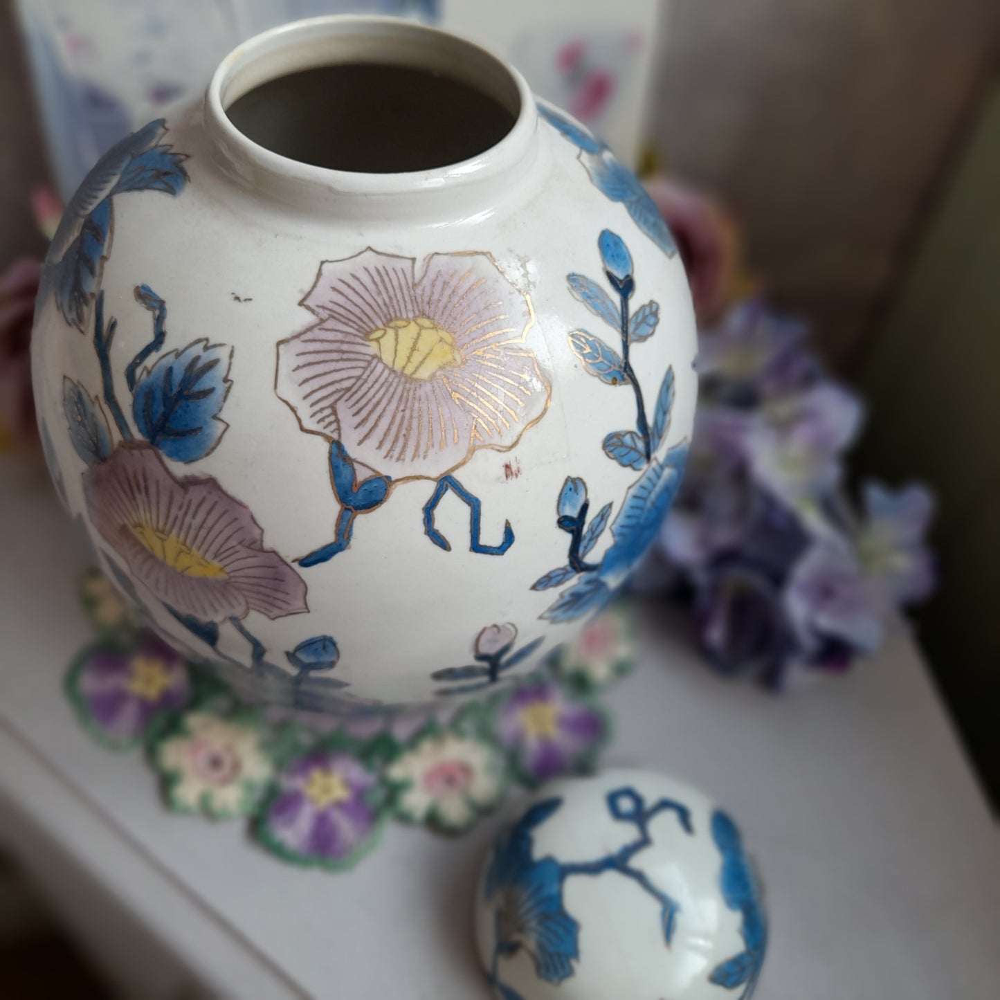Large Antique Chinese Ginger Jar With Lid In Pink & Blue Blossom