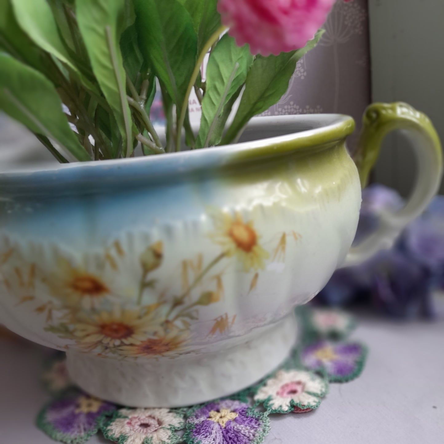 Victorian Duck Egg Blue & Green Floral Chamber Pot With Yellow Daisies To Front