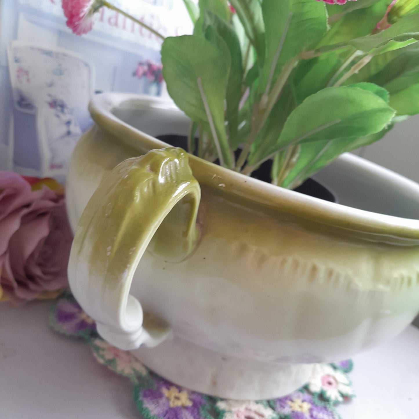 Victorian Duck Egg Blue & Green Floral Chamber Pot With Yellow Daisies To Front