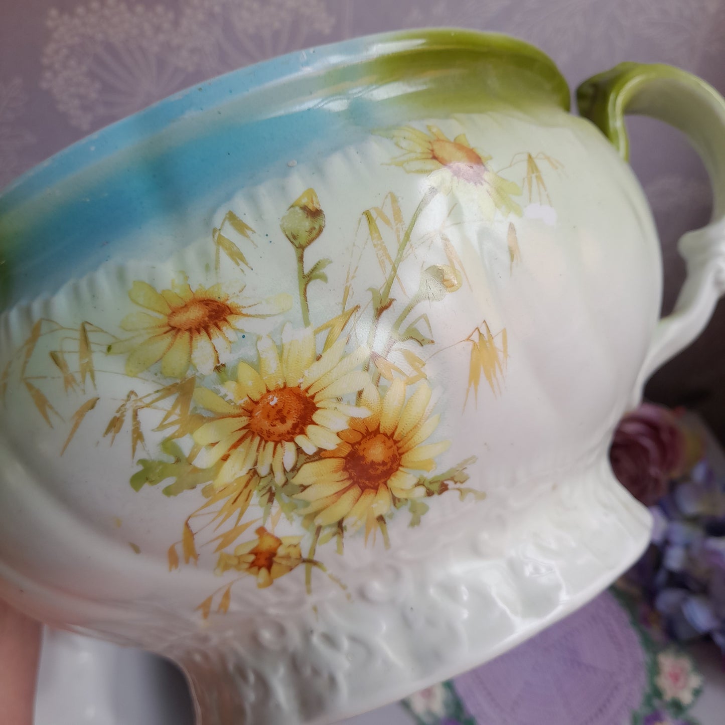 Victorian Duck Egg Blue & Green Floral Chamber Pot With Yellow Daisies To Front