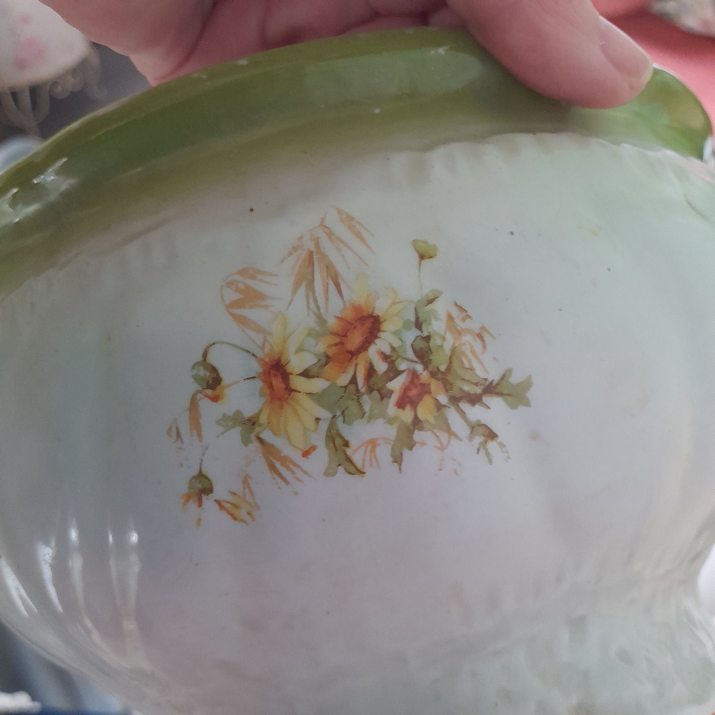 Victorian Duck Egg Blue & Green Floral Chamber Pot With Yellow Daisies To Front