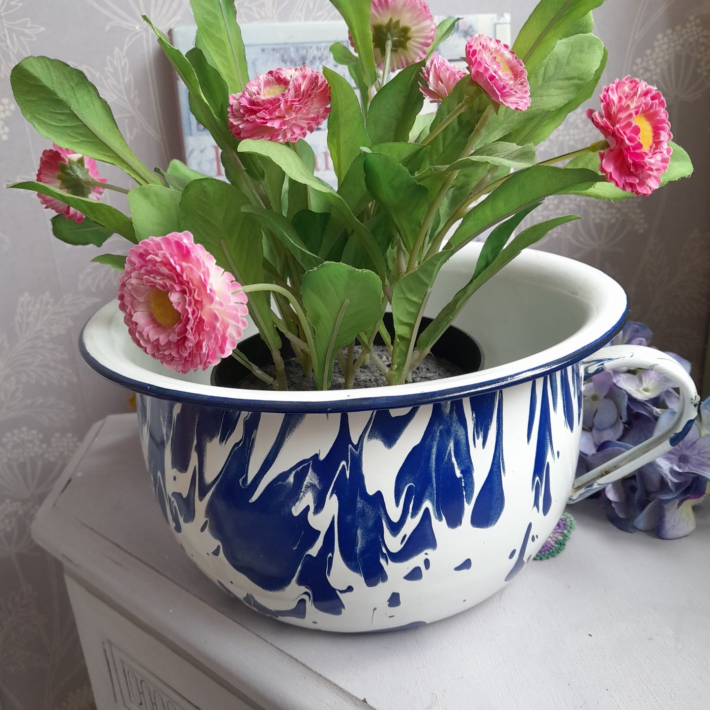 Vintage Blue & White Swirl Enamel Chamber Pot