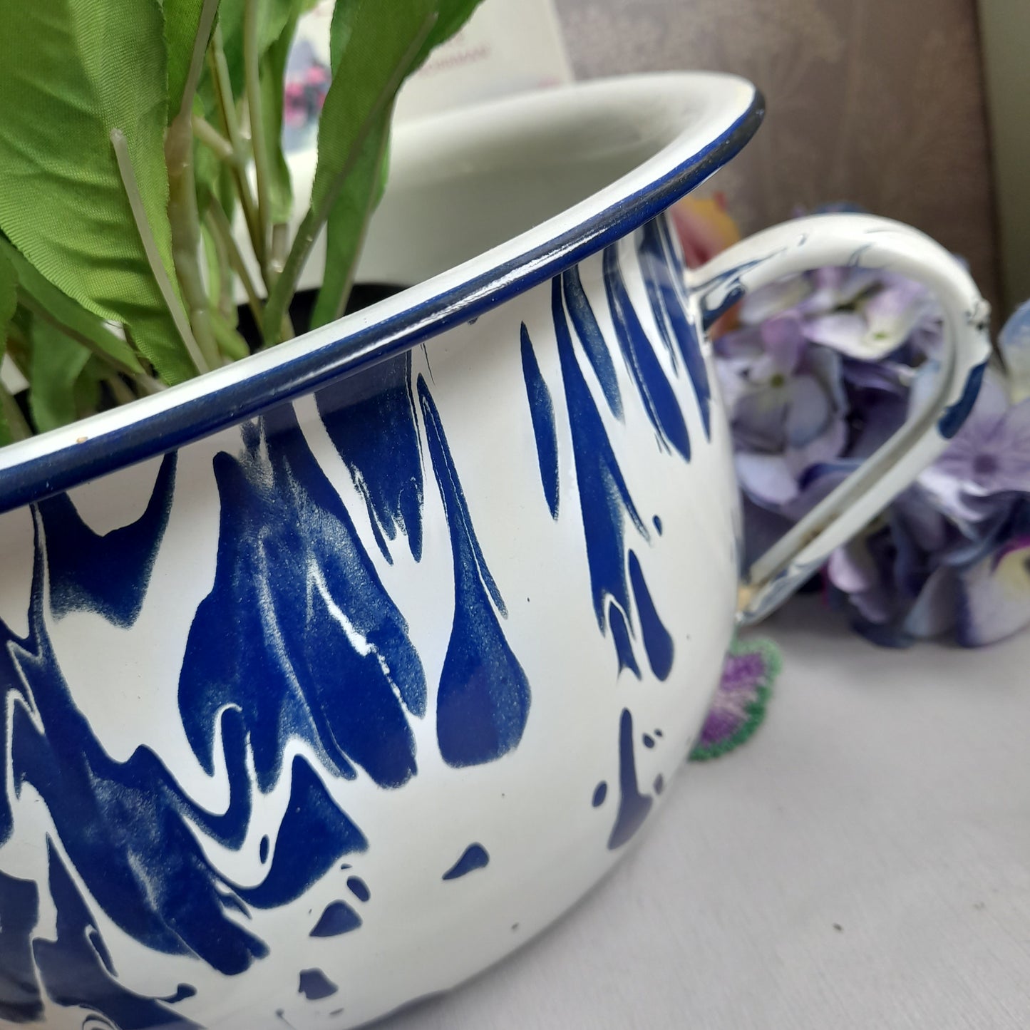Vintage Blue & White Swirl Enamel Chamber Pot