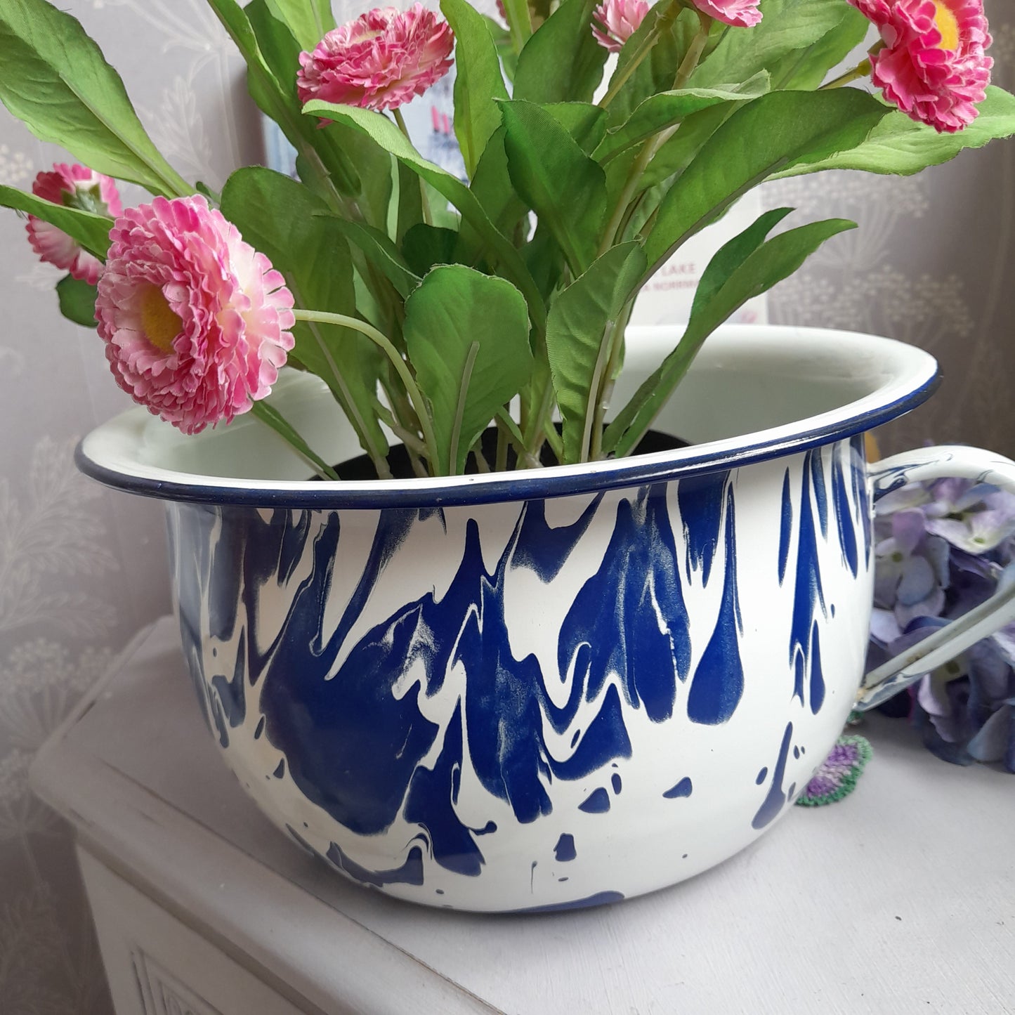 Vintage Blue & White Swirl Enamel Chamber Pot