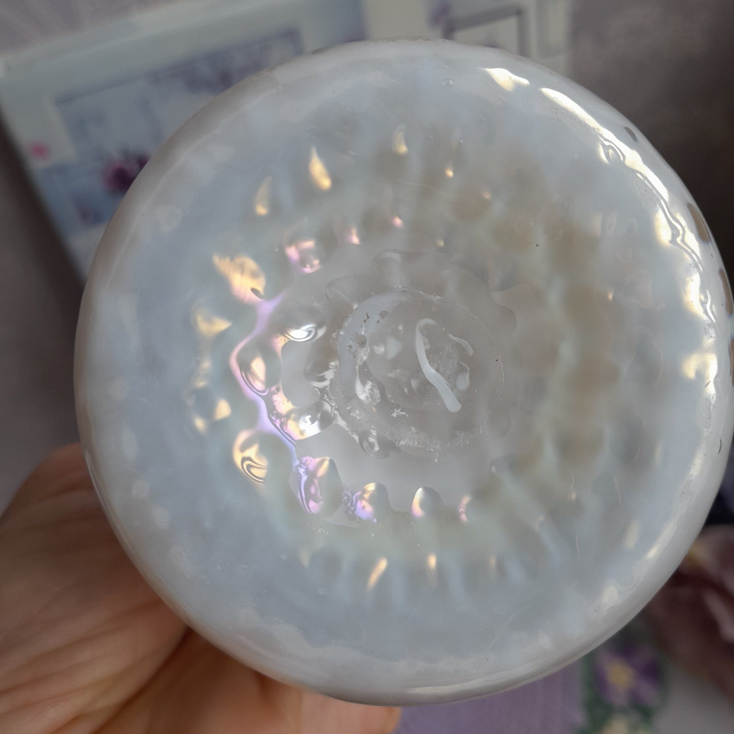 Kralik Art Nouveau 1900's Iridescent Mother-of-Pearl Glass Bud Vase With Frill Top in Martele Pattern