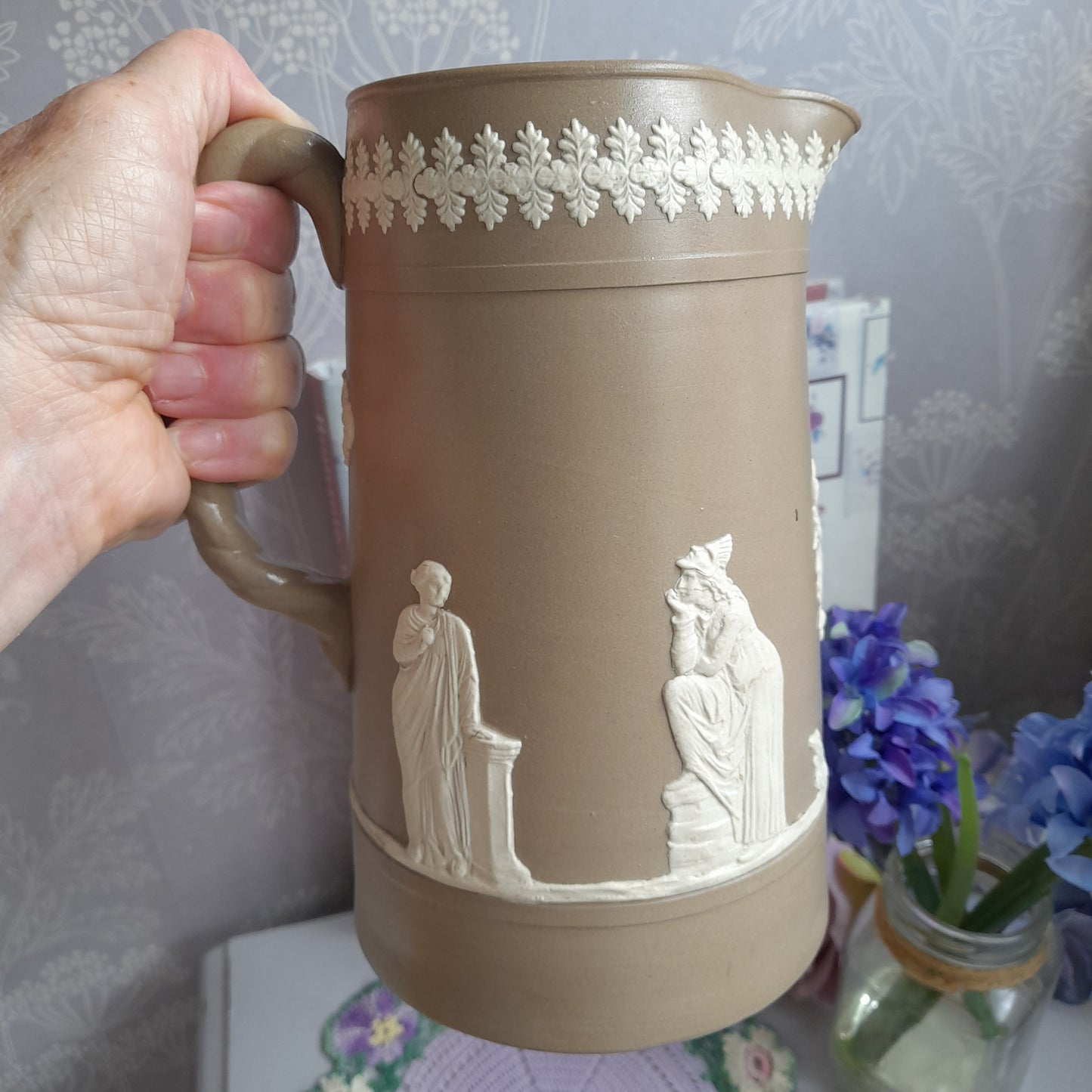 Antique Brown Jasper Ware Dudsons Jug With Rope Handle c1860s