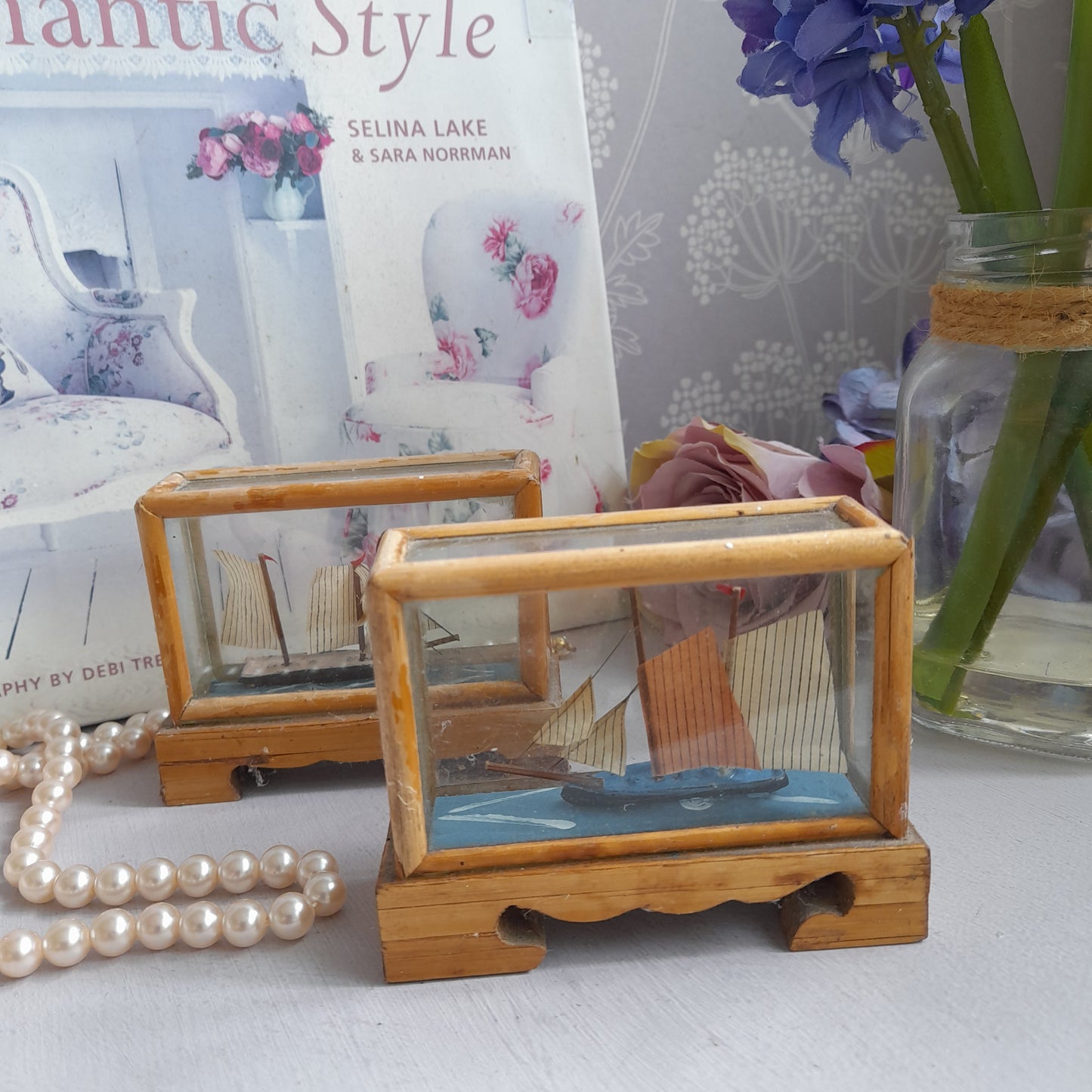 Darling Pair of 1950s Miniature Sailing Boat Ships in Bamboo & Glass Case