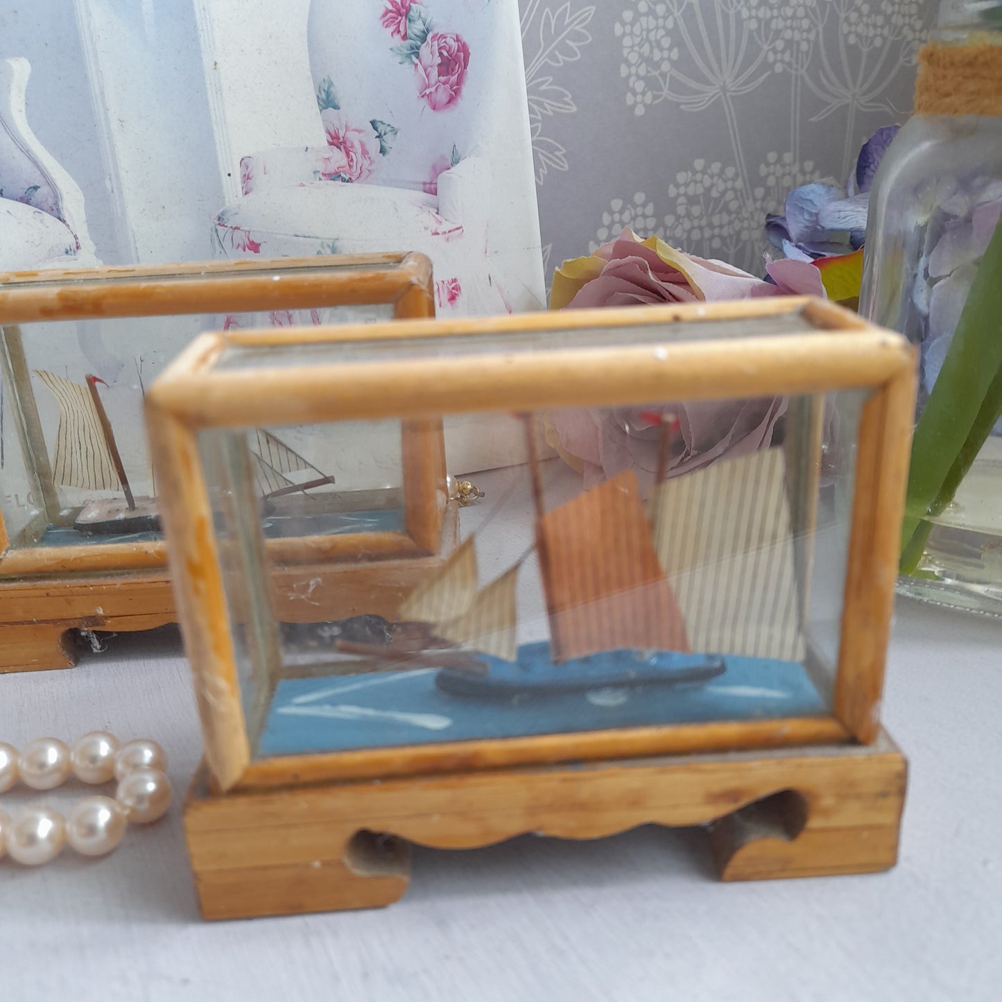 Darling Pair of 1950s Miniature Sailing Boat Ships in Bamboo & Glass Case