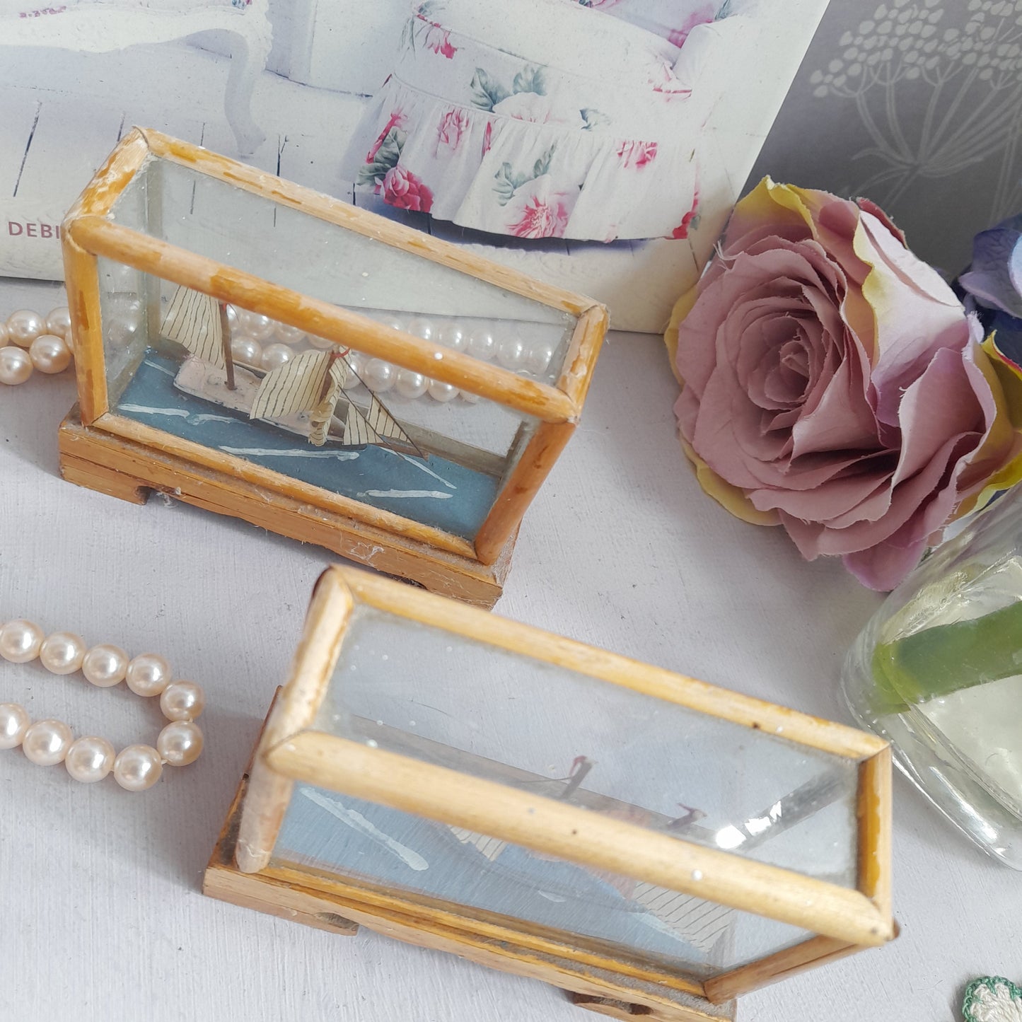 Darling Pair of 1950s Miniature Sailing Boat Ships in Bamboo & Glass Case