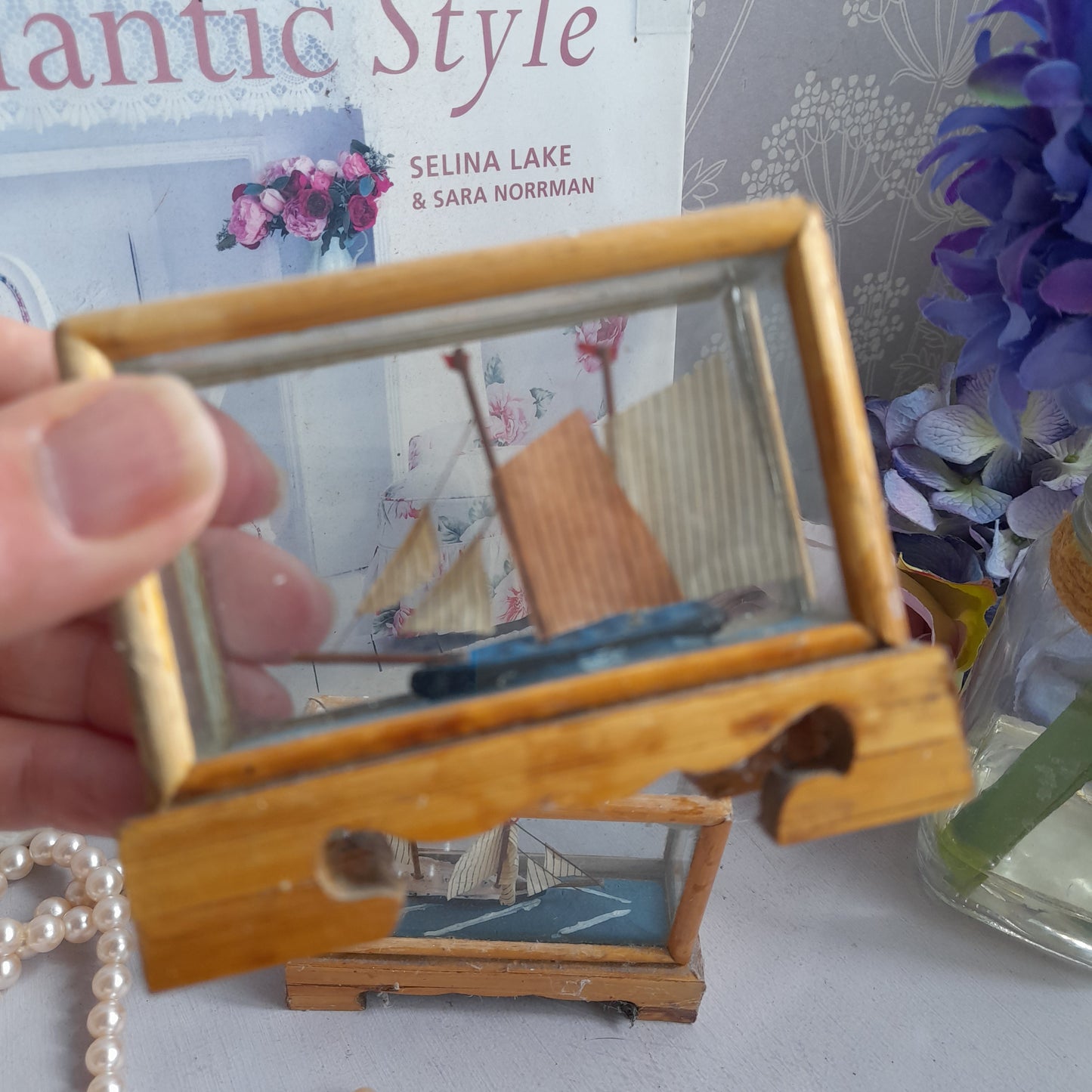 Darling Pair of 1950s Miniature Sailing Boat Ships in Bamboo & Glass Case
